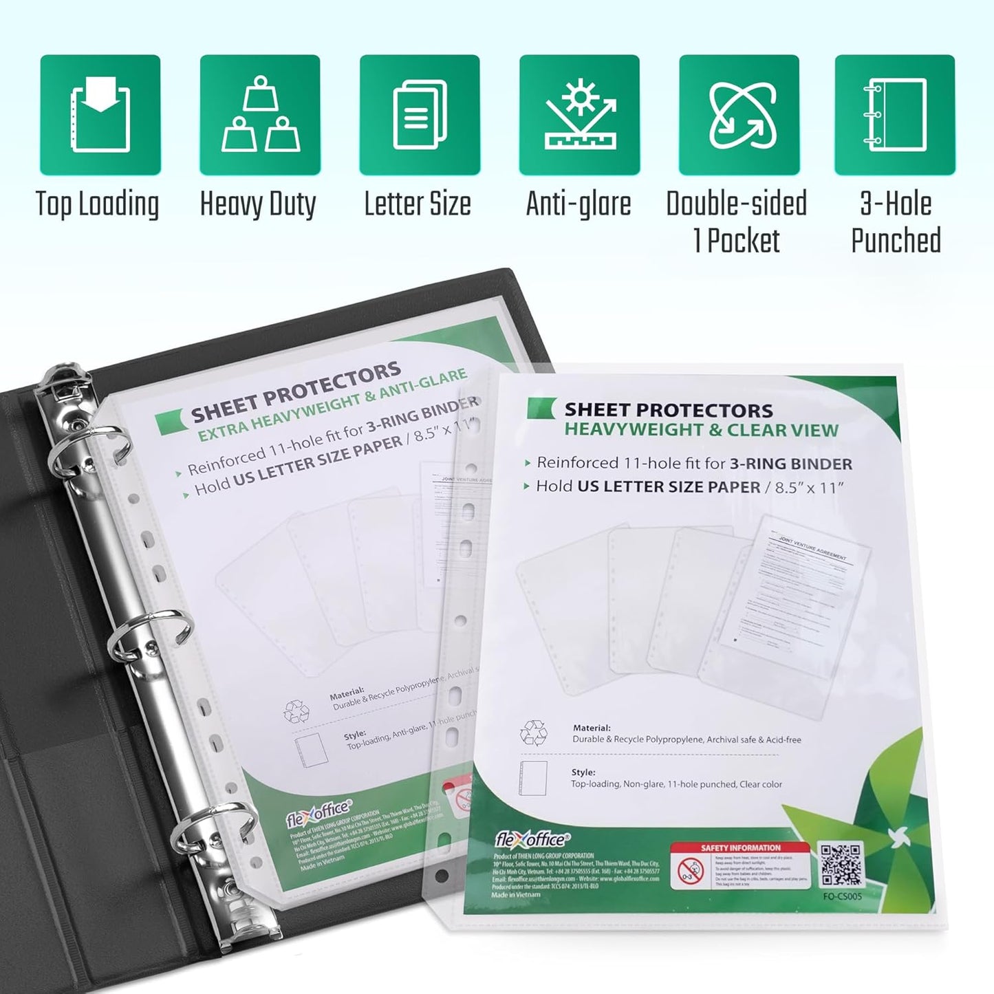 100 Pack, Heavy Duty Sheet Protectors 8.5 x 11, Clear Finish, Top Loading 9.25 x 11.25 inch, Clear Page Protectors, Plastic Sleeves Reinforced 11-Hole Fit for 3 Ring Binder
