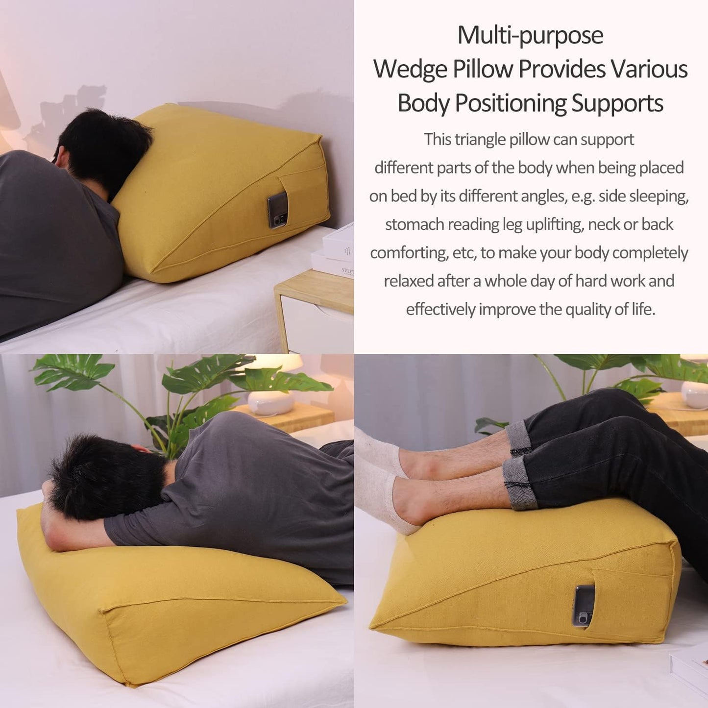 Triangular Reading Pillow Wedge Headboard Back Support Pillow for Sitting up in Bed Daybed Bolster Backrest Couch Sofa Corner Cushion Linen Off White