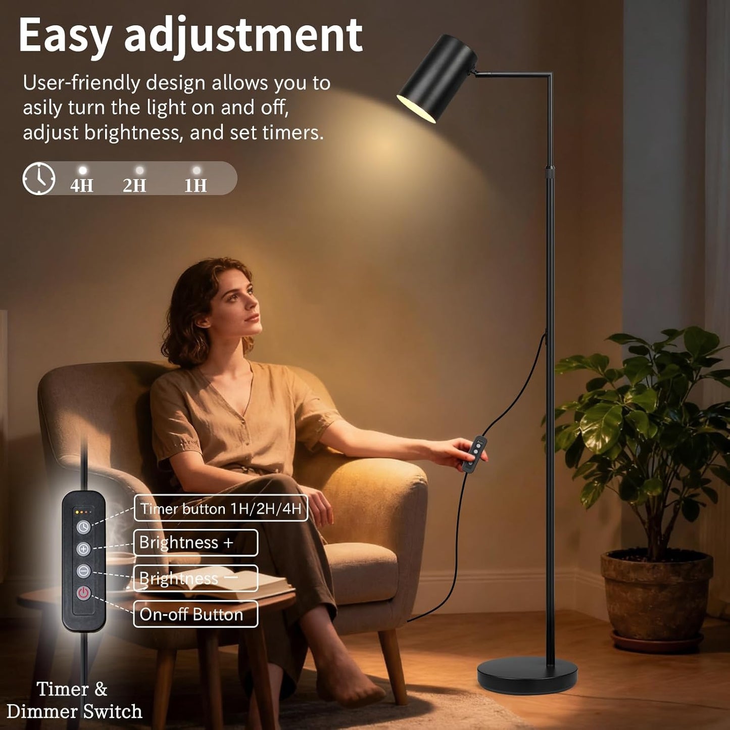 Arc Black Floor Lamp for Living Room with Timer, Stepless Dimmable&Height Adjustable Modern Reading Standing Lamps for Living Room,Reading Room,Office,LED Bulb Included (Black-DM)