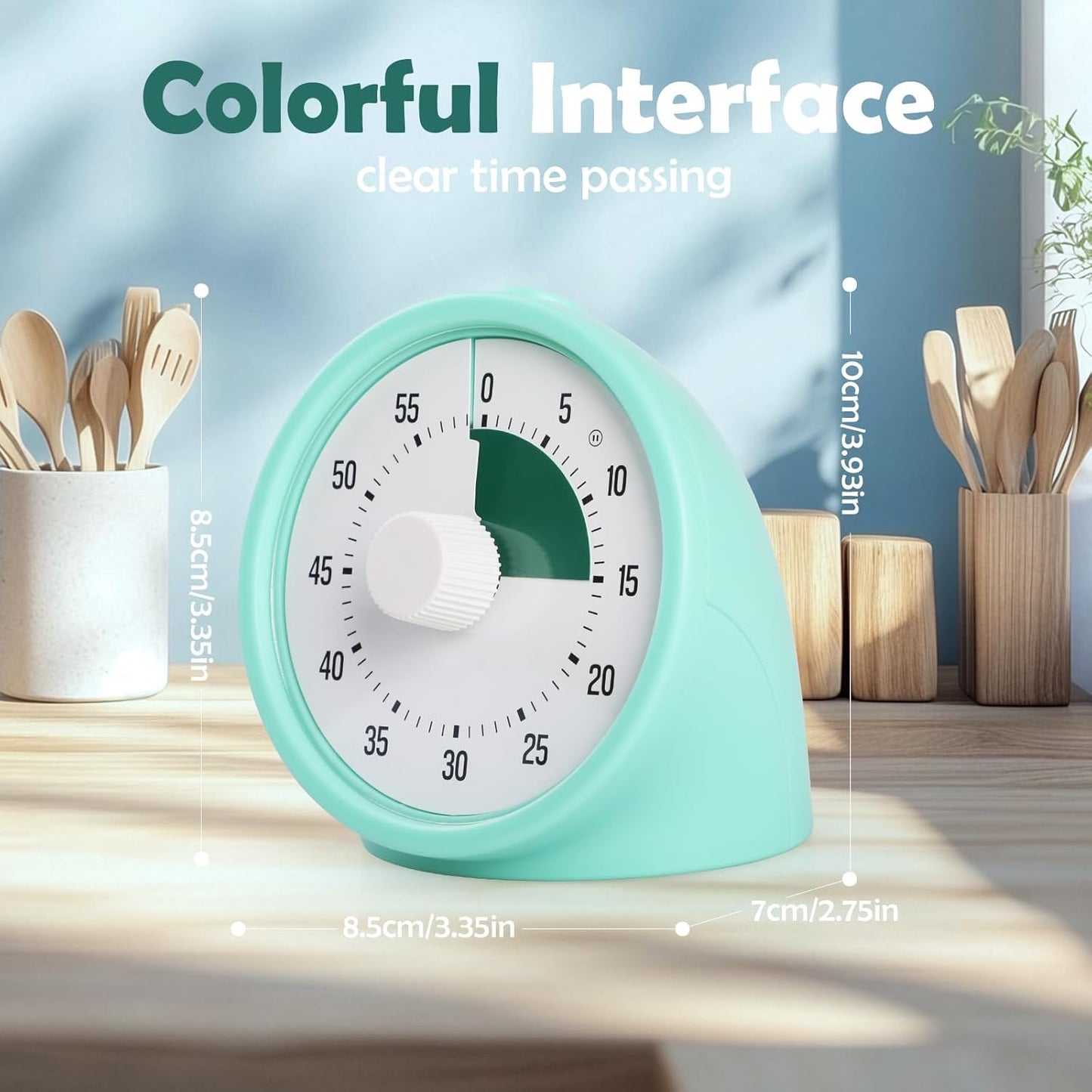 60-Minute Visual Timer for Kids, Silent Countdown Clock with Color Dial, No-Ticking Analog Timer for Classroom, Home, Time Management Fern Green