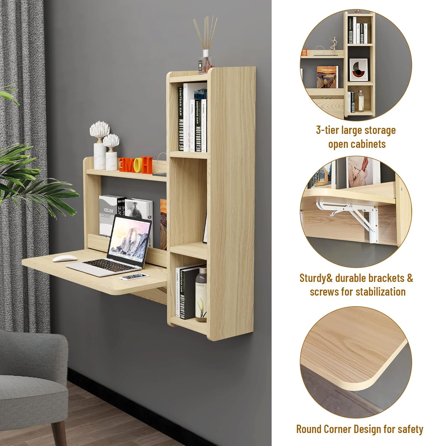Pmnianhua Floating Desk,41''Wall Mounted Table Folding Fold Down Laptop Computer Desk with Storage Shelves for Wall Bedroom Small Space (Light Oak)