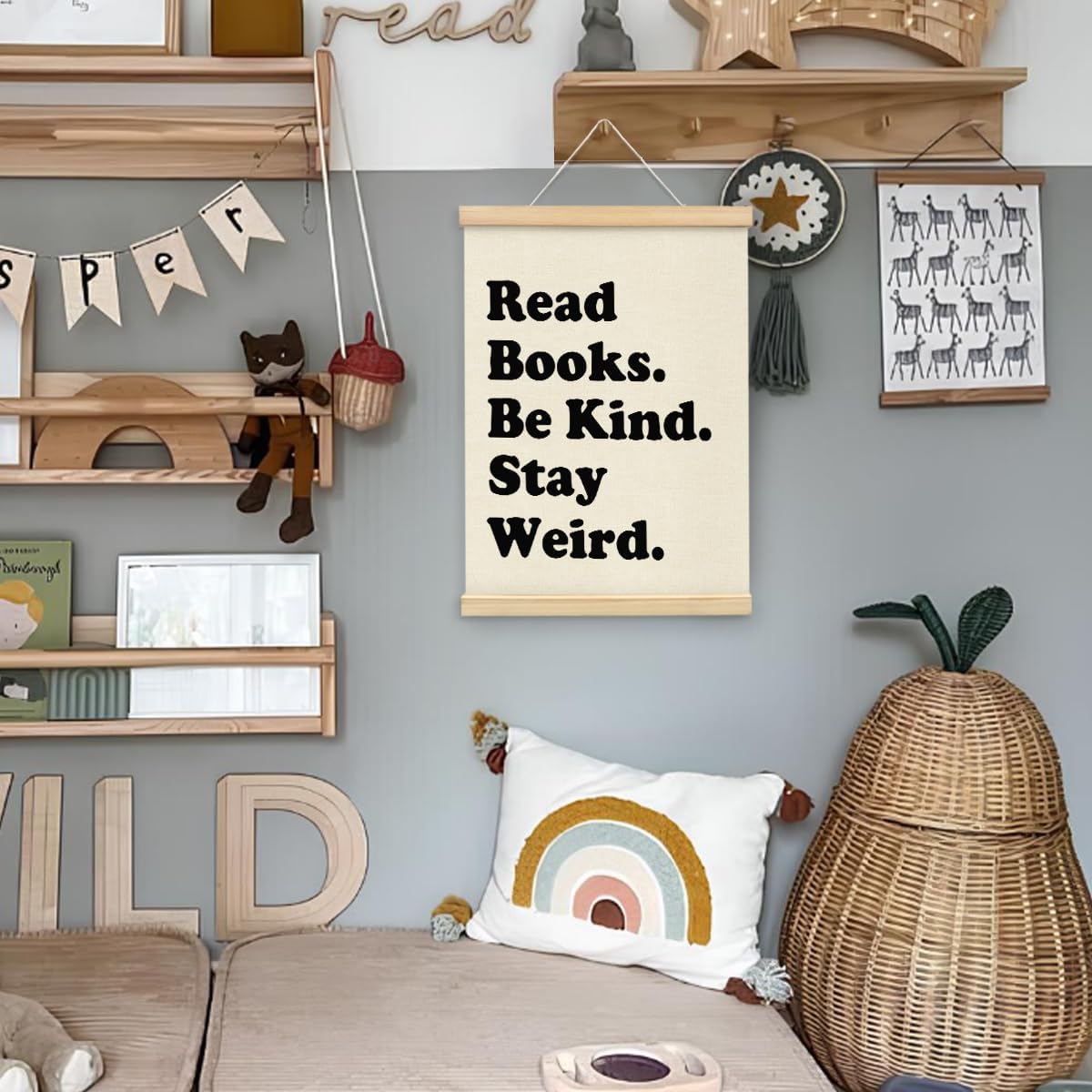 Wheatwin Reading Corner Decor for Classroom, Read Wall Art with Wooden Poster Hanger, Reading Nook Kids Room Classroom Playroom Wall Decor, 12x16 Inch