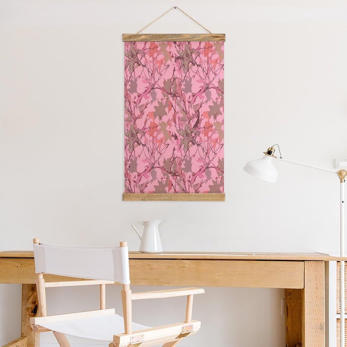 Vintage Pink Leaves Camo Poster with Wooden Frame Personalized Linen Hanging Scroll Painting Rustic Wall Hanging Illustrative Modern Artwork Decor for Home Living Room Bedroom Office