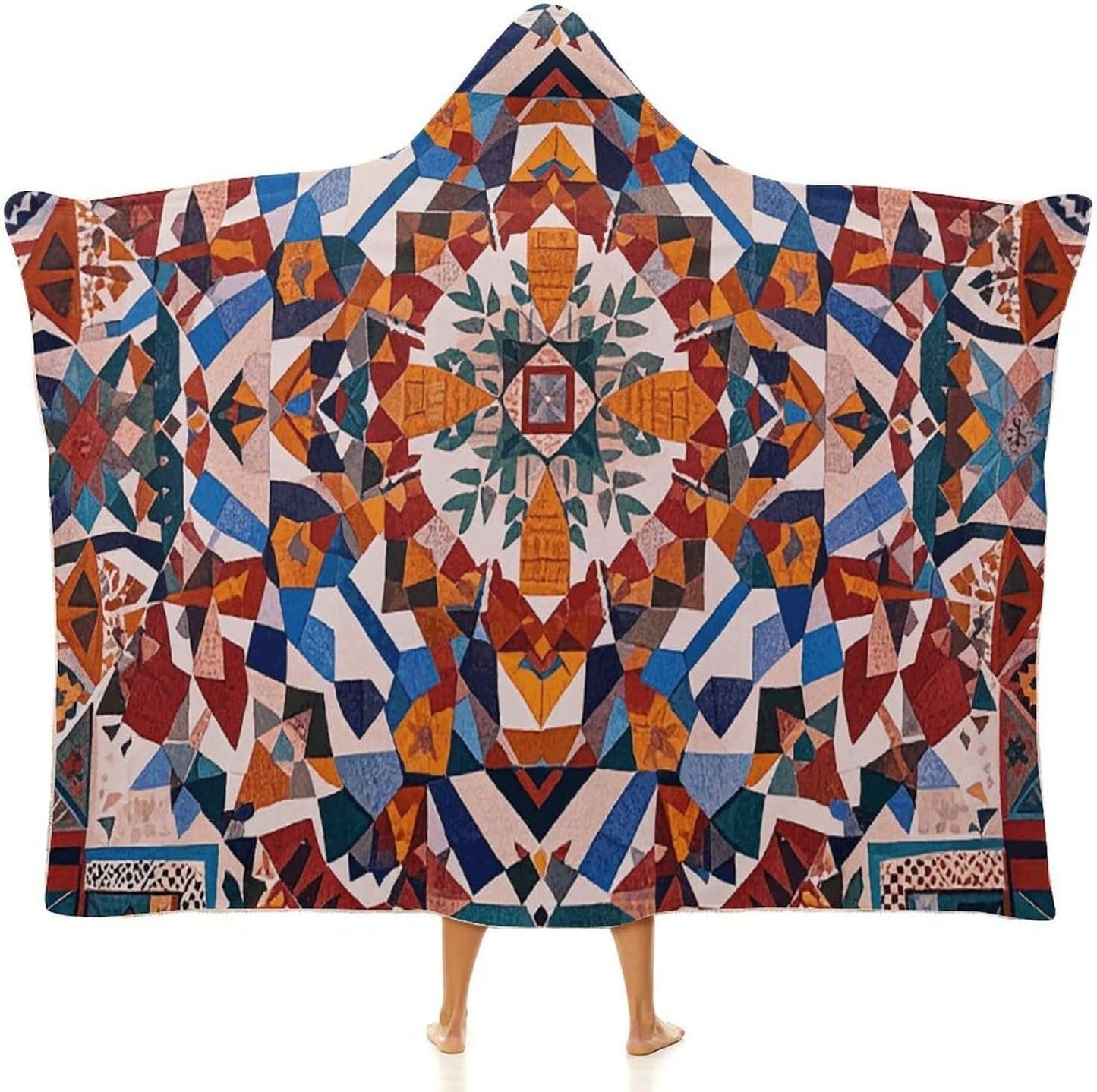 Patchwork Moroccan Wearable Blanket Hoodie for Women Men Oversized Soft Fleece Blanket Sweatshirt Cozy Poncho-