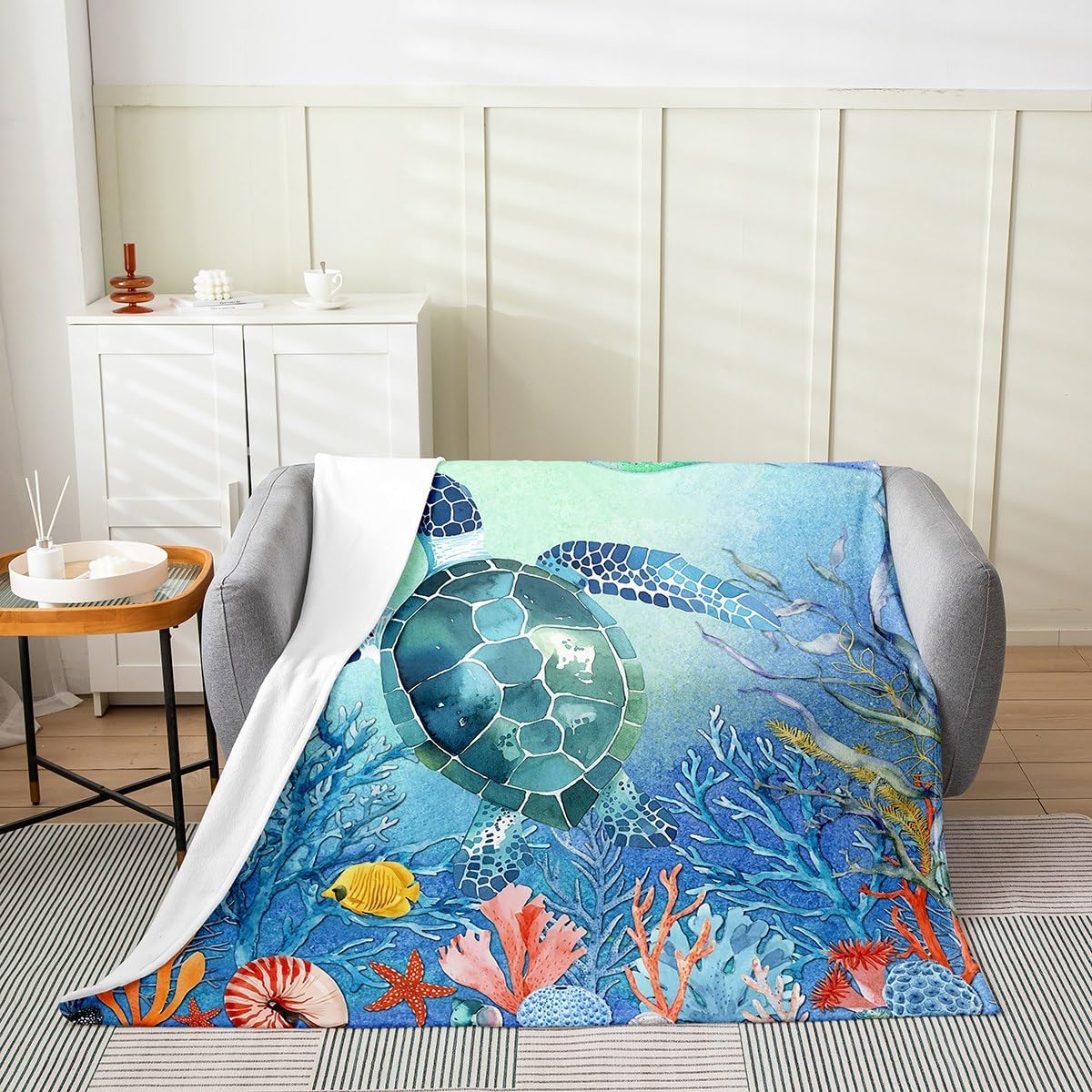 Teal Sea Turtle Fleece Blanket Queen Size, 3D Tortoise Reptile Throw Blanket for Home Couch Bedroom, Sea Animal Fuzzy Blanket, Blue Green Coastal Nature Flannel Blanket Soft Cozy Lightweight Blanket