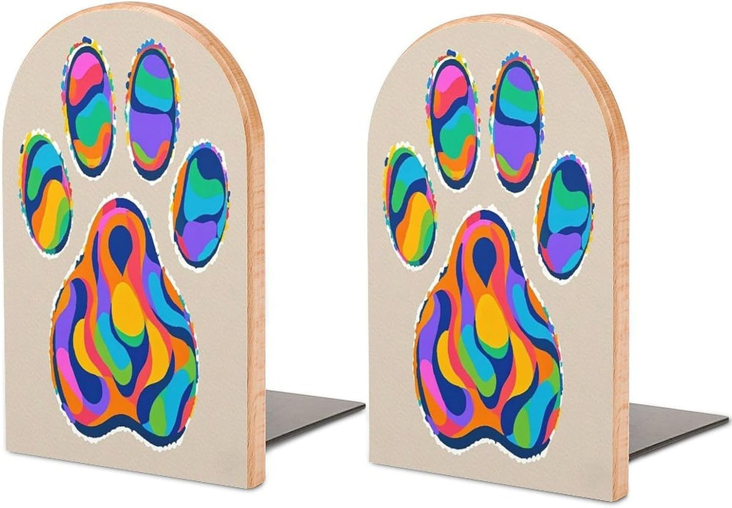 Colorful Dog Paw Print Bookends 1 Pair Heavy Duty Book Ends for Shelves Non-Skid Bookend Supports Wooden Book Holders with Metal Base Desk Organizers Books Storage to Hold Books