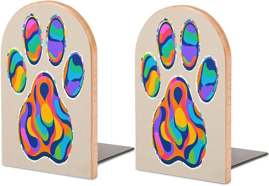 Colorful Dog Paw Print Bookends 1 Pair Heavy Duty Book Ends for Shelves Non-Skid Bookend Supports Wooden Book Holders with Metal Base Desk Organizers Books Storage to Hold Books