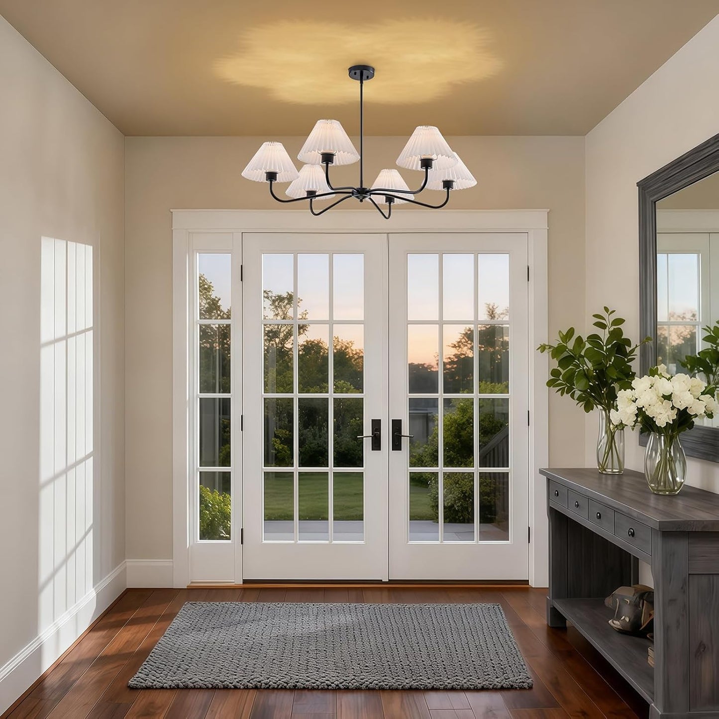35.8'' Modern Farmhouse Chandelier with White Pleated Fabric Shades, 6-Light Black Hanging Pendant Light Fixture for Dining Living Room Kitchen Island Bedroom Foyer E26 Base