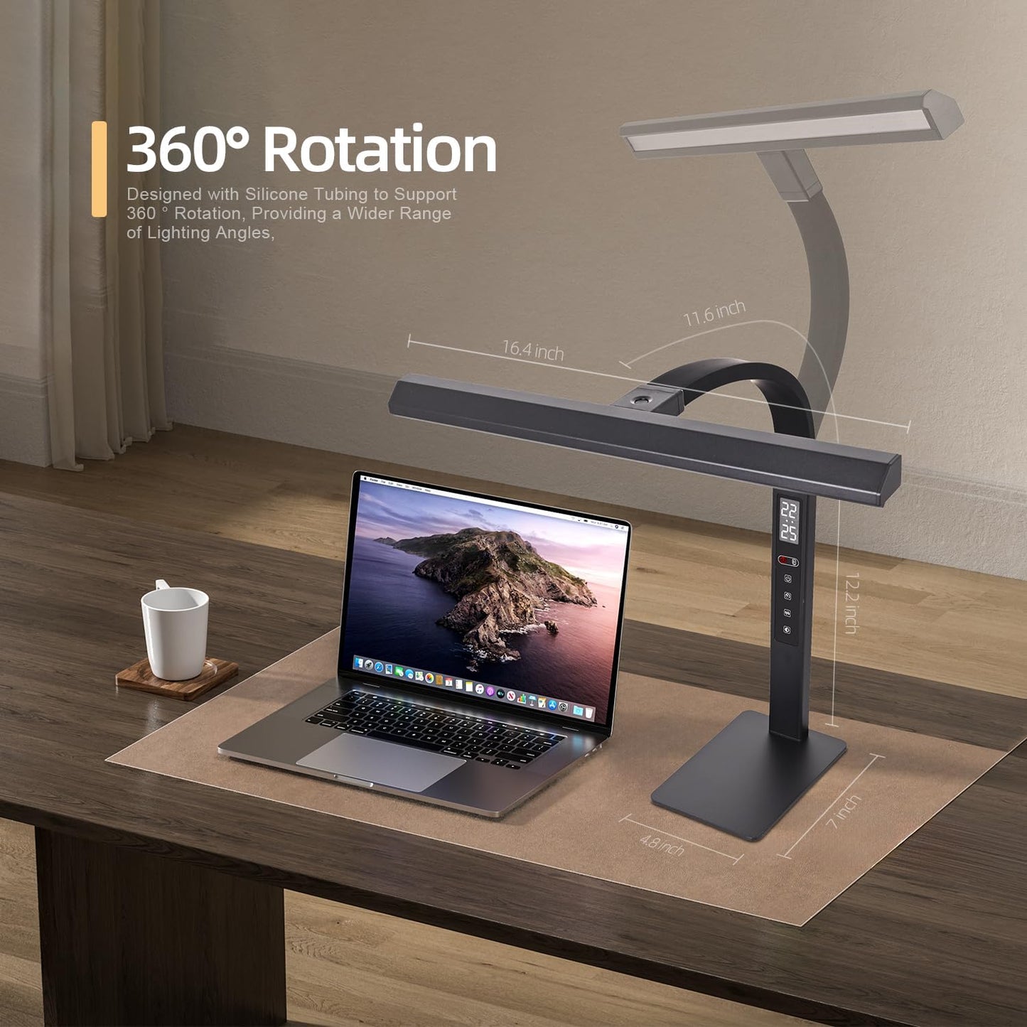 LED desk lamp for home office, architect computer work light,Touch color temperature stepless dimming and adjustable flexible gooseneck tube. desk lamp with clock , suitable for reading and studying.