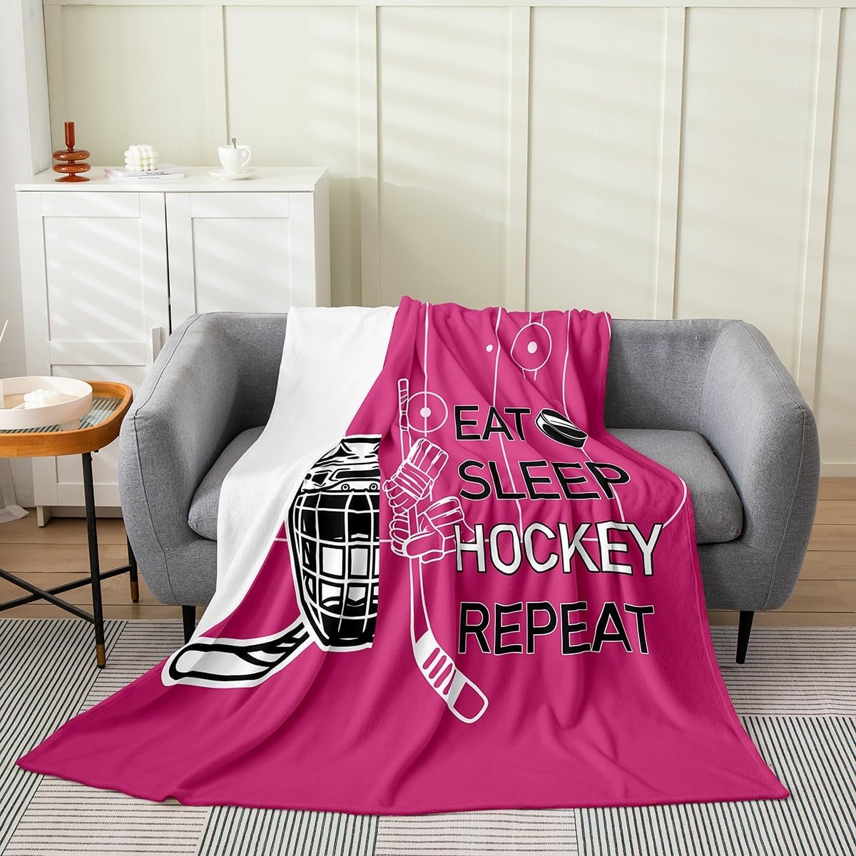 Feelyou Kids Ice Hockey Fleece Throw Blanket Throw 50"x60" Eat Sleep Hockey Fuzzy Blanket for Sofa Couch Winter Sports Hobby Pink All Season Bed Blanket Women Men Fuzzy Blanket