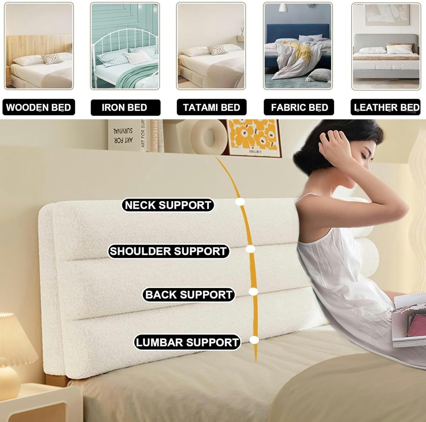 AMNOOL Wall Pillowboard Headboard Upholstered Large Backrest Bed Rest Cushion Lumbar Support Backrest Bedroom Tatami Dorm Daybed Pillow with Removable Cover, White