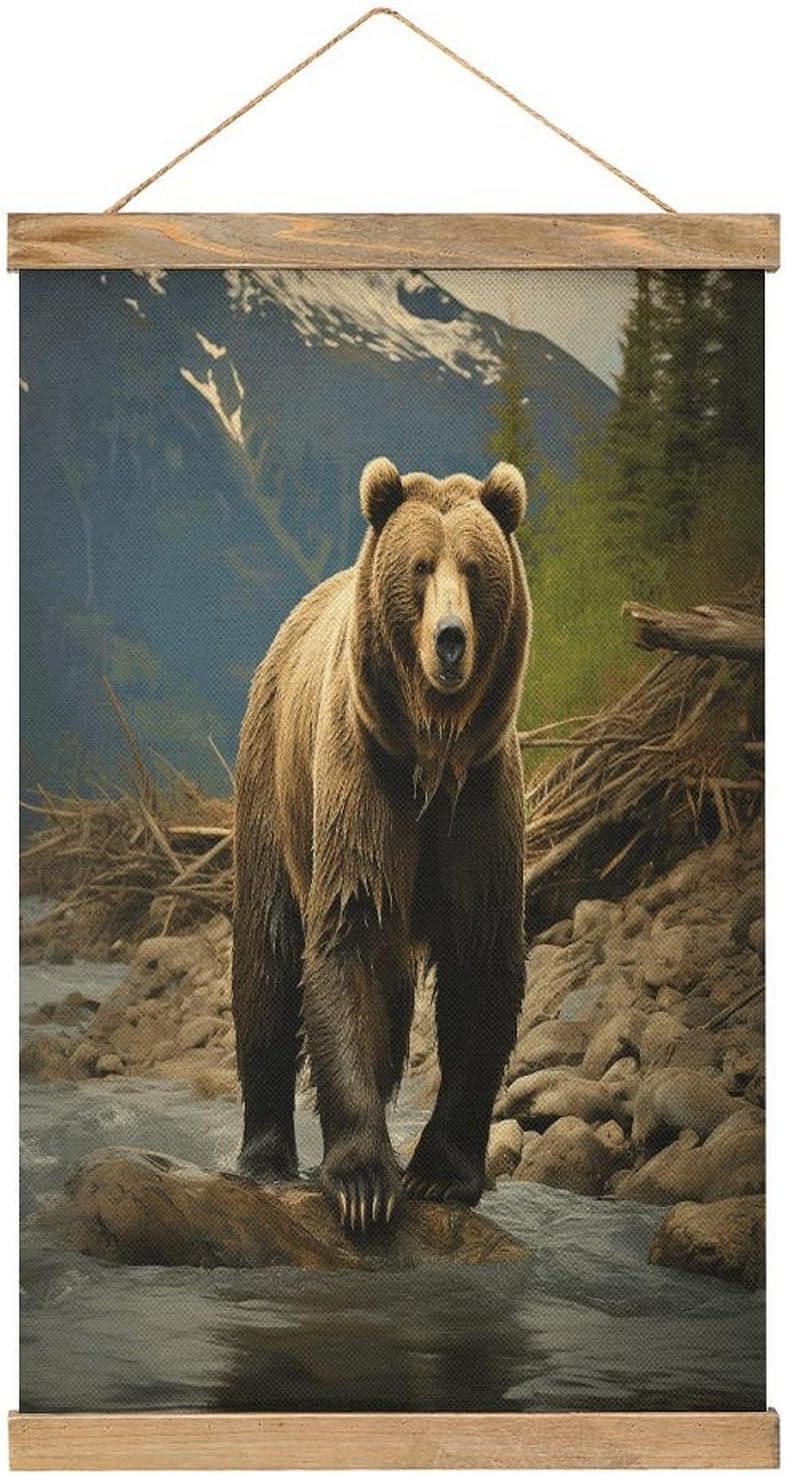 Vintage Brown Bear Poster with Wooden Frame Personalized Linen Hanging Scroll Painting Rustic Wall Hanging Illustrative Modern Artwork Decor for Home Living Room Bedroom Office