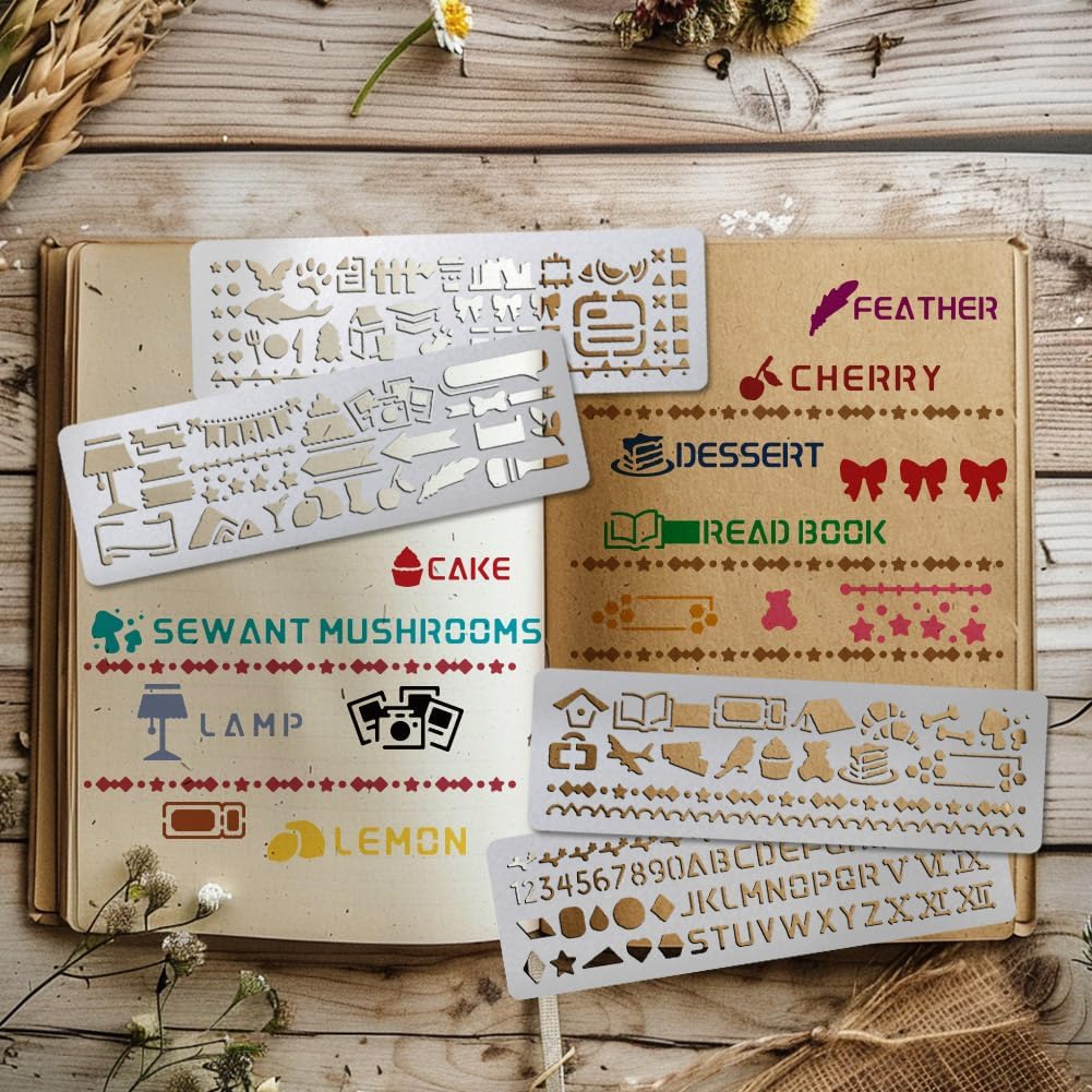 UNICRAFTALE 4Pcs Metal Stencils for Wood Burning Mixed Patterns Stencils Stainless Steel Reusable Templates Alphabet and Number Bookmark Ruler School Supplies for DIY Engraving Painting Scrapbooking