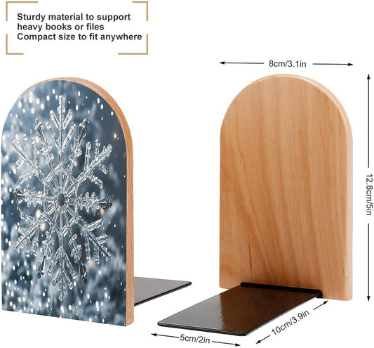 Transparent Snowflake Bookends 1 Pair Heavy Duty Book Ends for Shelves Non-Skid Bookend Supports Wooden Book Holders with Metal Base Desk Organizers Books Storage to Hold Books