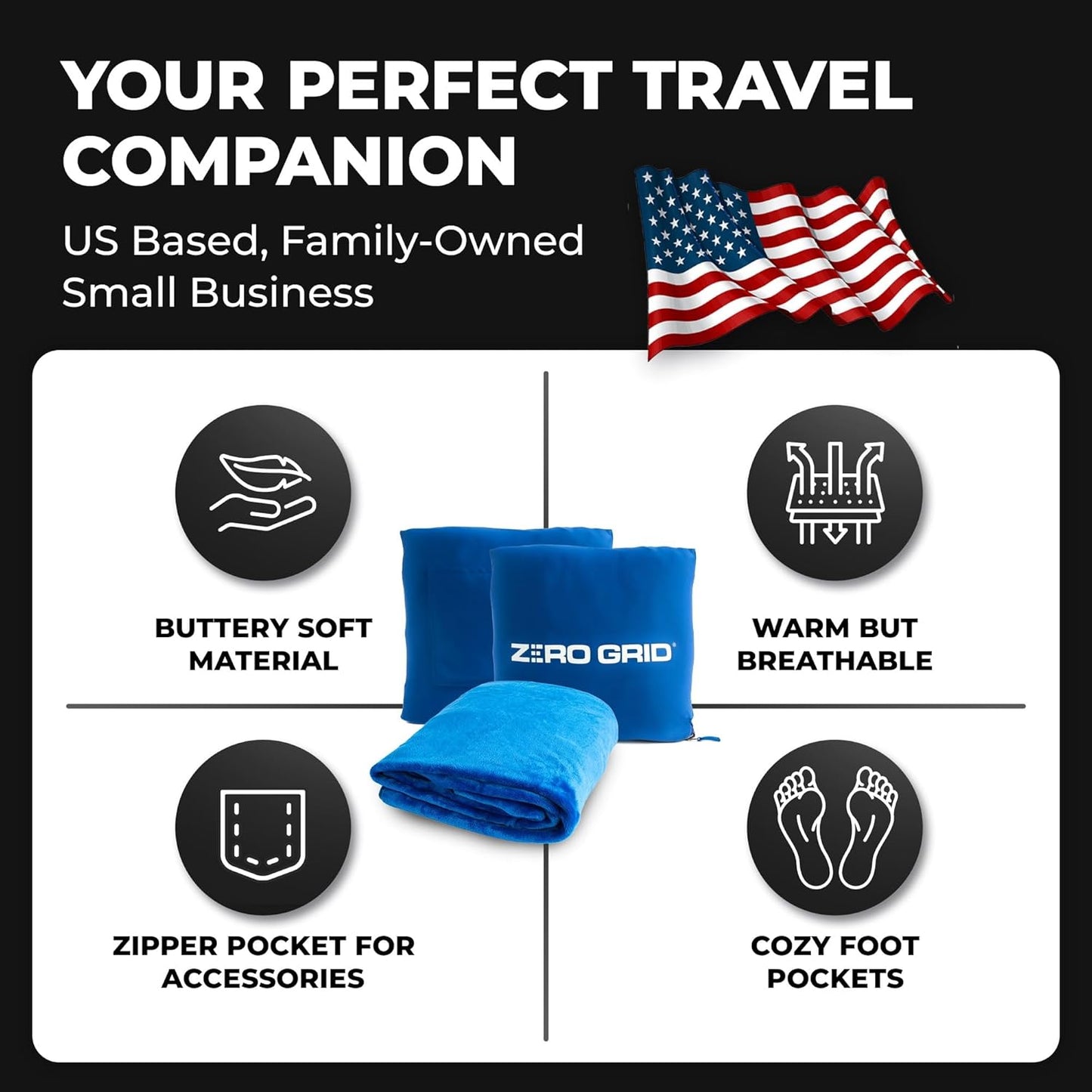 Zero Grid Lightweight Travel Blanket – Premium Compact Wearable Airplane Blanket with Neck Snaps, Cozy Foot Pockets, Zipper Pouch, converts to Soft Pillow for Ultimate Comfort - Royal Blue