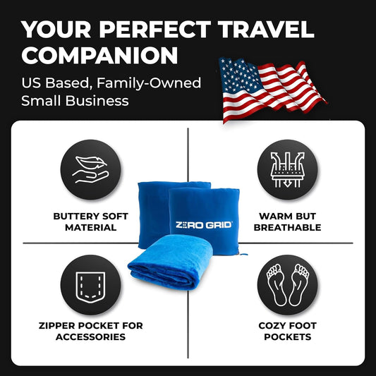 Zero Grid Lightweight Travel Blanket – Premium Compact Wearable Airplane Blanket with Neck Snaps, Cozy Foot Pockets, Zipper Pouch, converts to Soft Pillow for Ultimate Comfort - Royal Blue