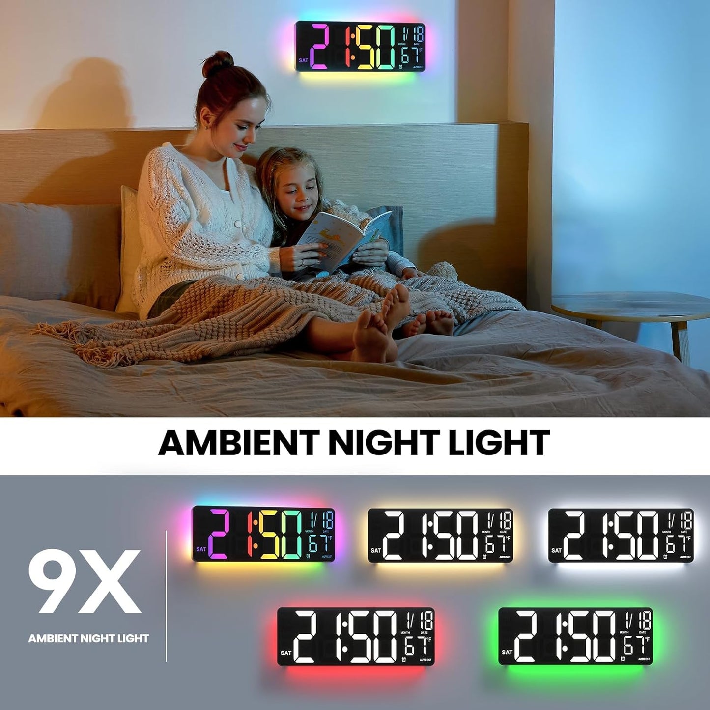 13" Digital Wall Clock with Night Light,8 RGB Color,Dual Alarms with Large Display, Dimmer, Auto DST, Voice Control, Auto Time Sync,Remote Control for Living Room Bedroom,Gift for All Ages