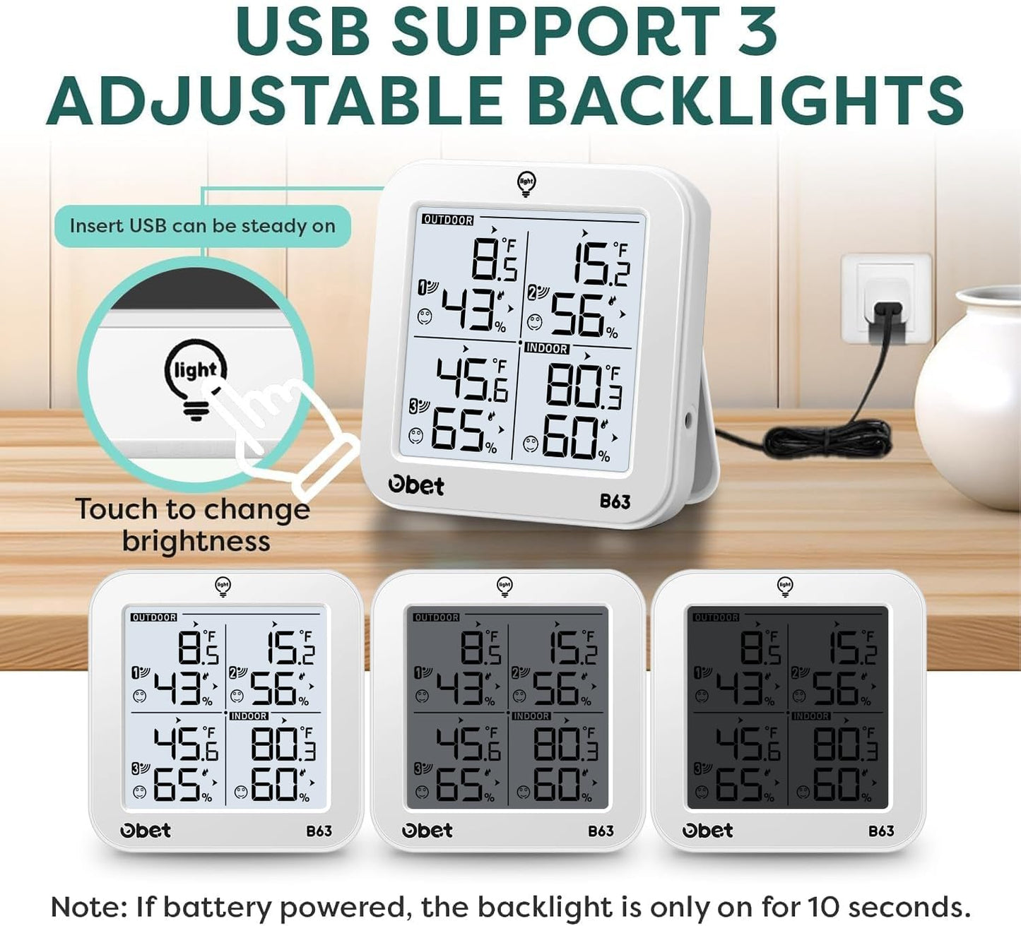 OBET Indoor Outdoor Thermometer Wireless Weather Station with 3 Sensors, Digital Hygrometer Remote Thermometer, Thermometer Temperature Humidity Monitor with Adjustable Backlight, USB Port (500 Feet)