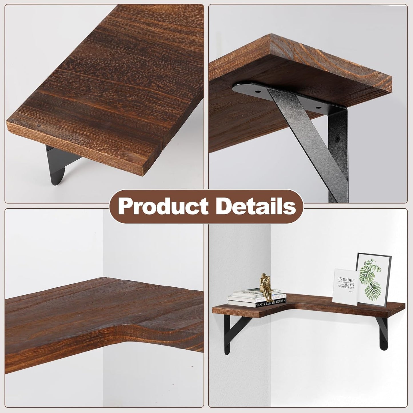 Corner Floating Shelves Set of 4,L-Shaped Wall Mounted Shelf,Rustic Wood Corner Shelvesfor Wall Storage and Decor,Wall Mounted Wood Shelves for Kitchen Living Room Bedroom,Dark Brown