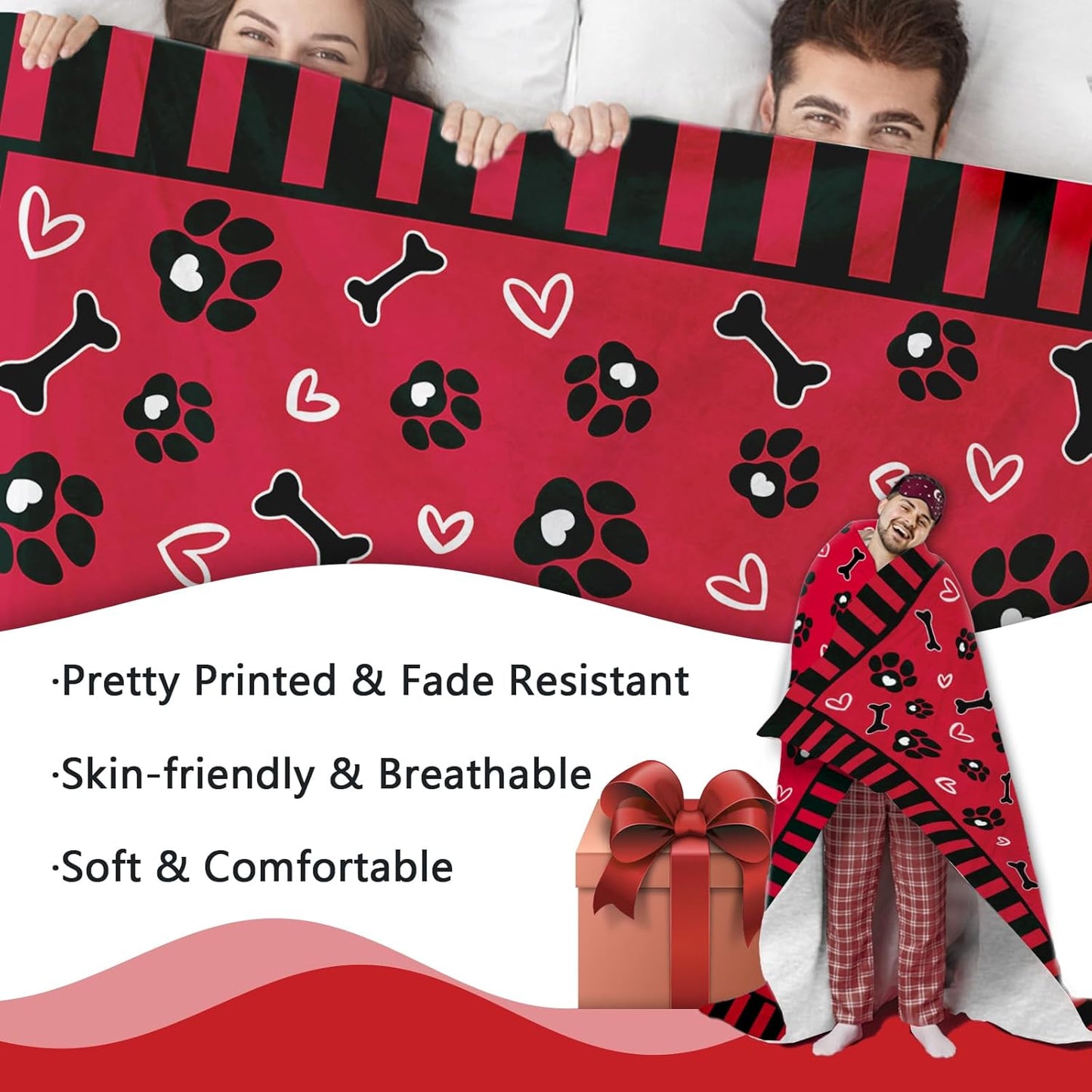 Valentines Red Flannel Blanket, Dog Paw Prints Bone Love Heart Throw Blanket Gifts for Women Girls Wife, Soft Blanket for Anniversary Wedding Bedding Sofa 50 x 60 Inch