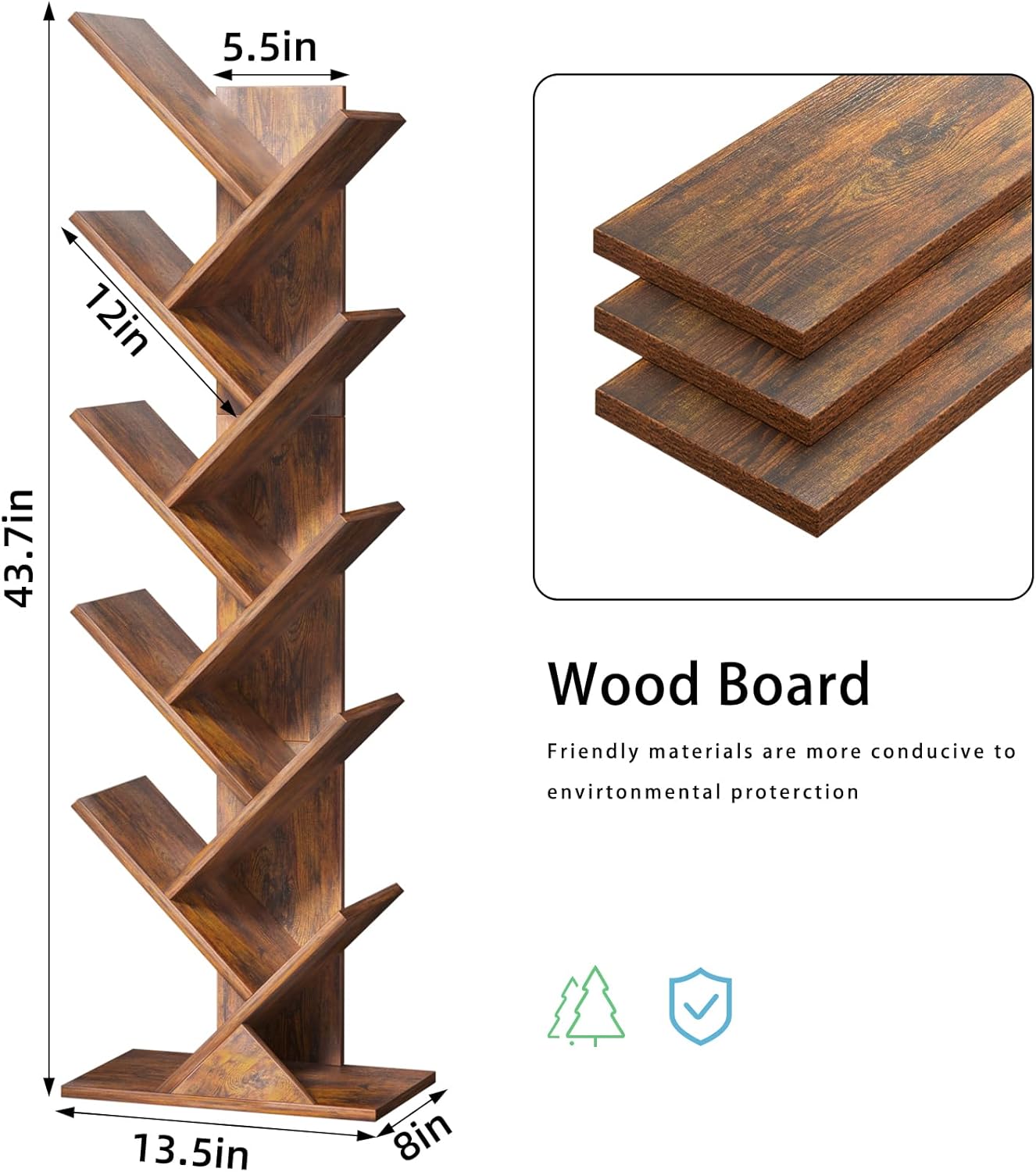 10 Tier Tree Book Shelf, Floor Standing Wood Bookshelf for Narrow Space, Storage Organizer Bookshelves for Books/CDs/Magazine, Bookcase with Shelves for Home Office, Living Room - Brown