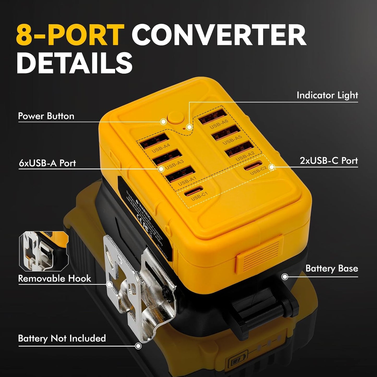 Portable USB Charger Adapter for Dewalt 20V Battery, Power Converter with 8 Ports USB-A & Type-C for Workshop Camping Travel Job Site (Battery Not Included
