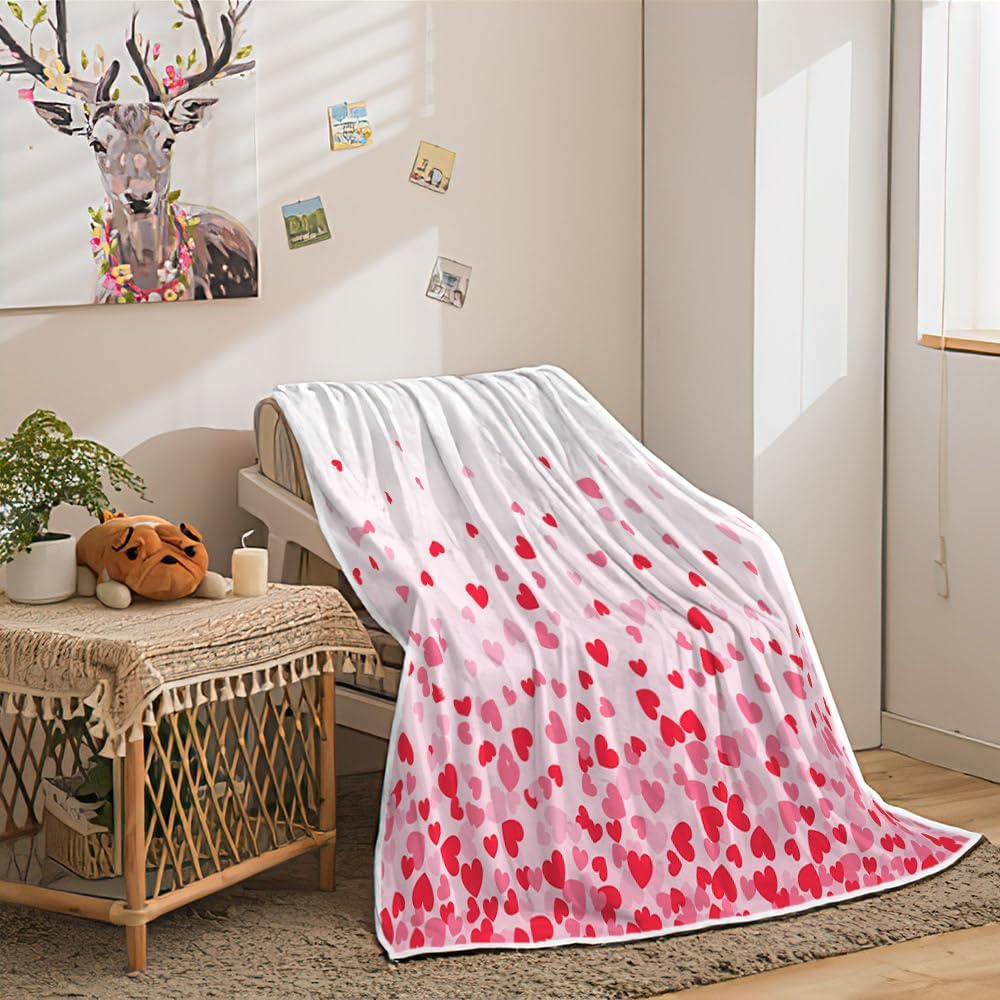 Valentine's Day Gift Fleece Blanket for Mom, Wife, Pink Love Heart Decorative Throw for Couch Sofa Bed, Flannel Blanket - Super Cozy Comfy Throw Blanket (Red, 50"X60")