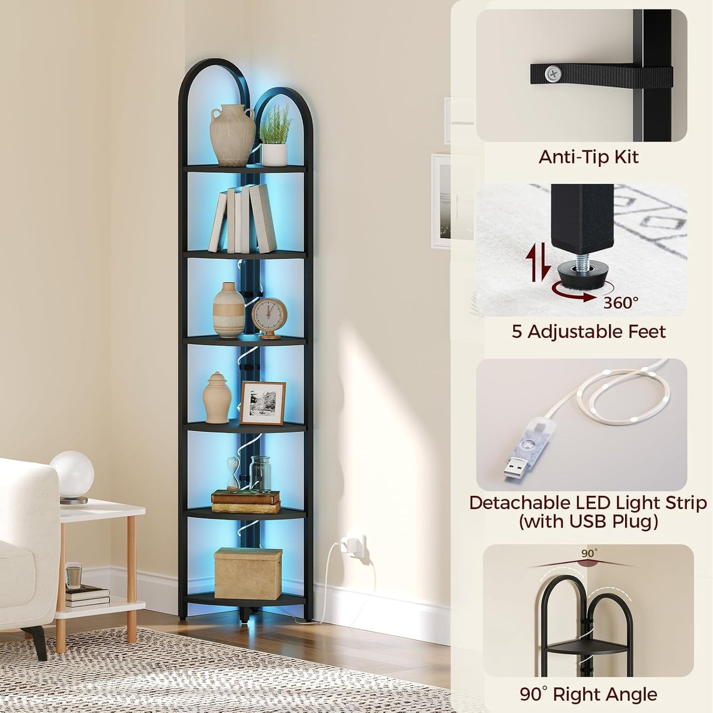 6 Tier Corner Shelf with LED Light, 74.6'' Tall Corner Bookshelf Stand, Narrow Display Bookcase with Storage Rack for Wall Corner, Living Room, Bedroom, Small Spaces, Black CSBK66101