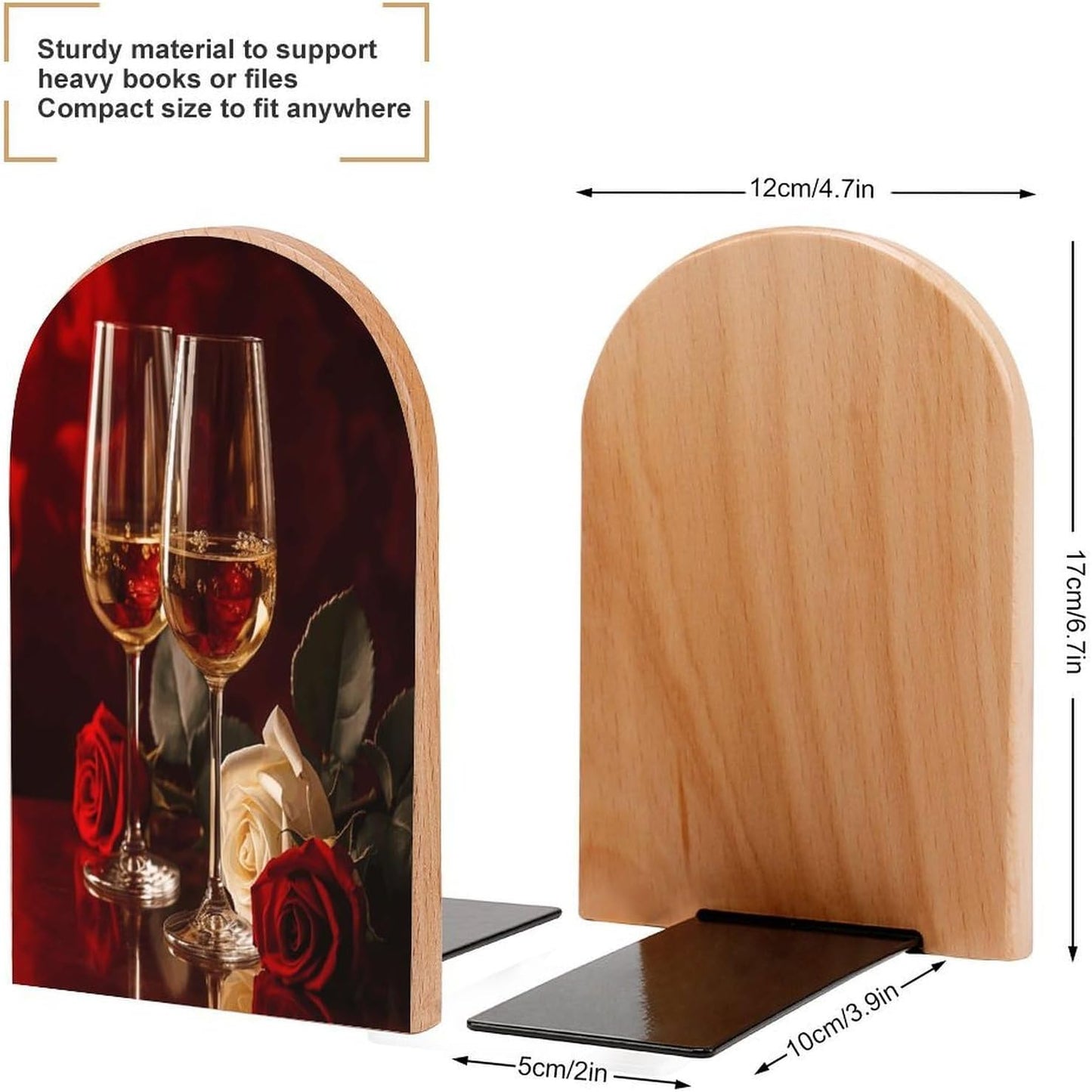 Two Glasses of White Wine Bookend for Shelves Wooden Book End Large Size Sturdy Book Holders Stoppers with Metal Base for Bookshelves Slick Decorative Bookends Stands