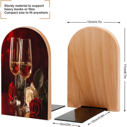 Two Glasses of White Wine Bookend for Shelves Wooden Book End Large Size Sturdy Book Holders Stoppers with Metal Base for Bookshelves Slick Decorative Bookends Stands