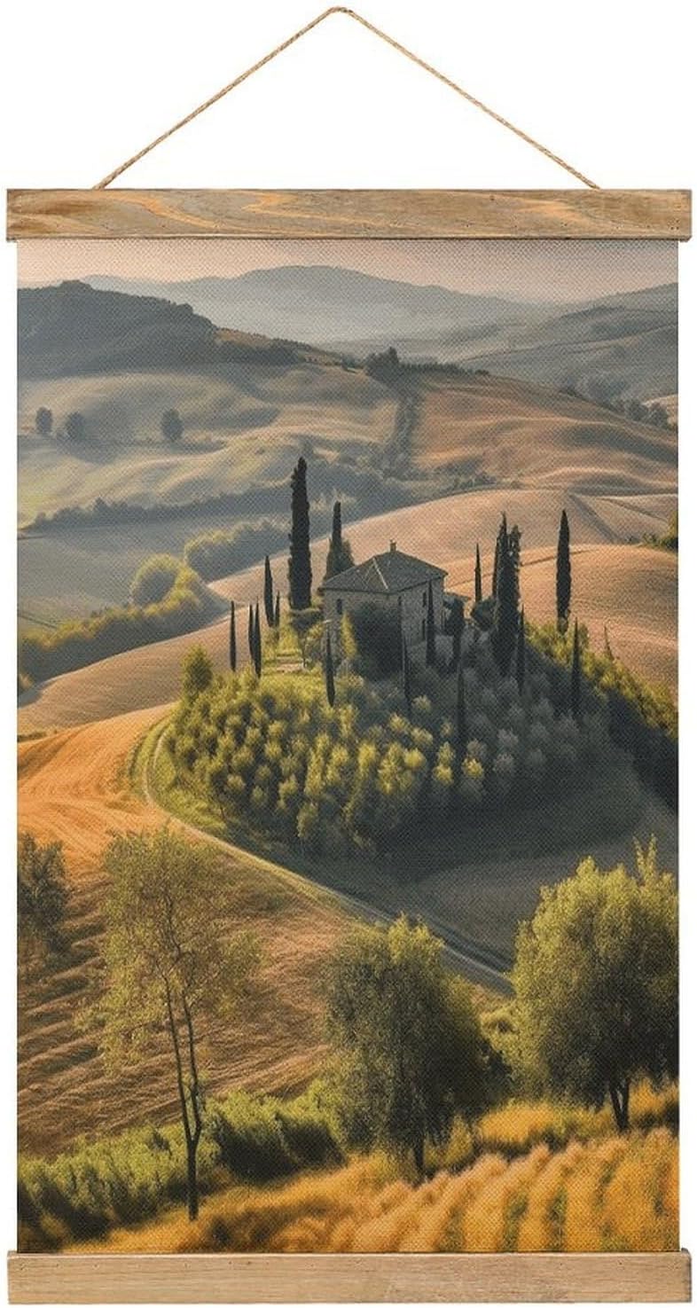 Vintage Tuscany Landscape Tree Scenery Farm Poster with Wooden Frame Personalized Linen Hanging Scroll Painting Rustic Wall Hanging Illustrative Modern Artwork Decor for Home Living Room Bedroom Offic