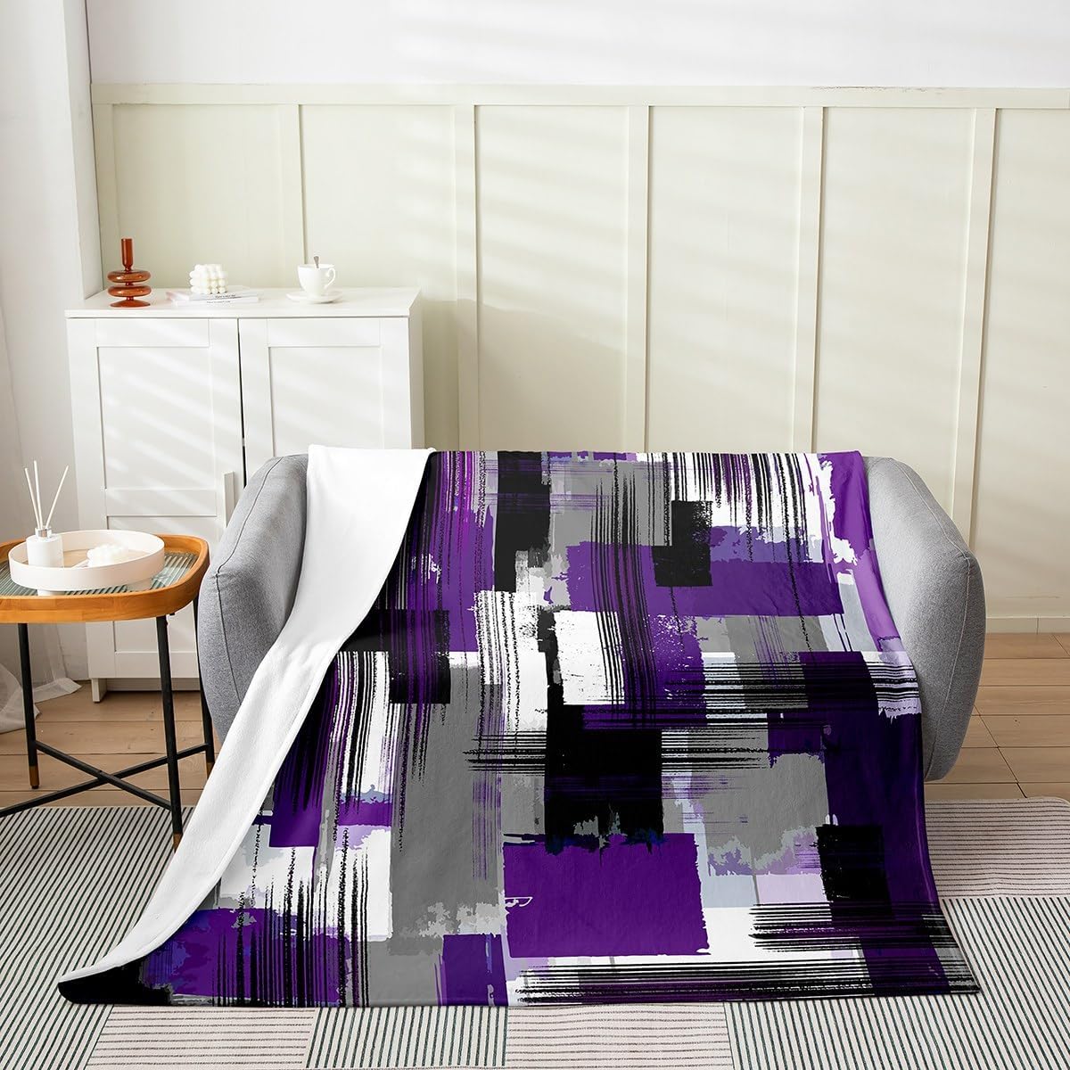 Feelyou Purple Grey Black Blanket Twin 60"x80" Abstract Stripes Plush Throw Blanket, for Kids Boys Girls Decor Stripe Line Flannel Fleece Blanket Microfiber Modern Art