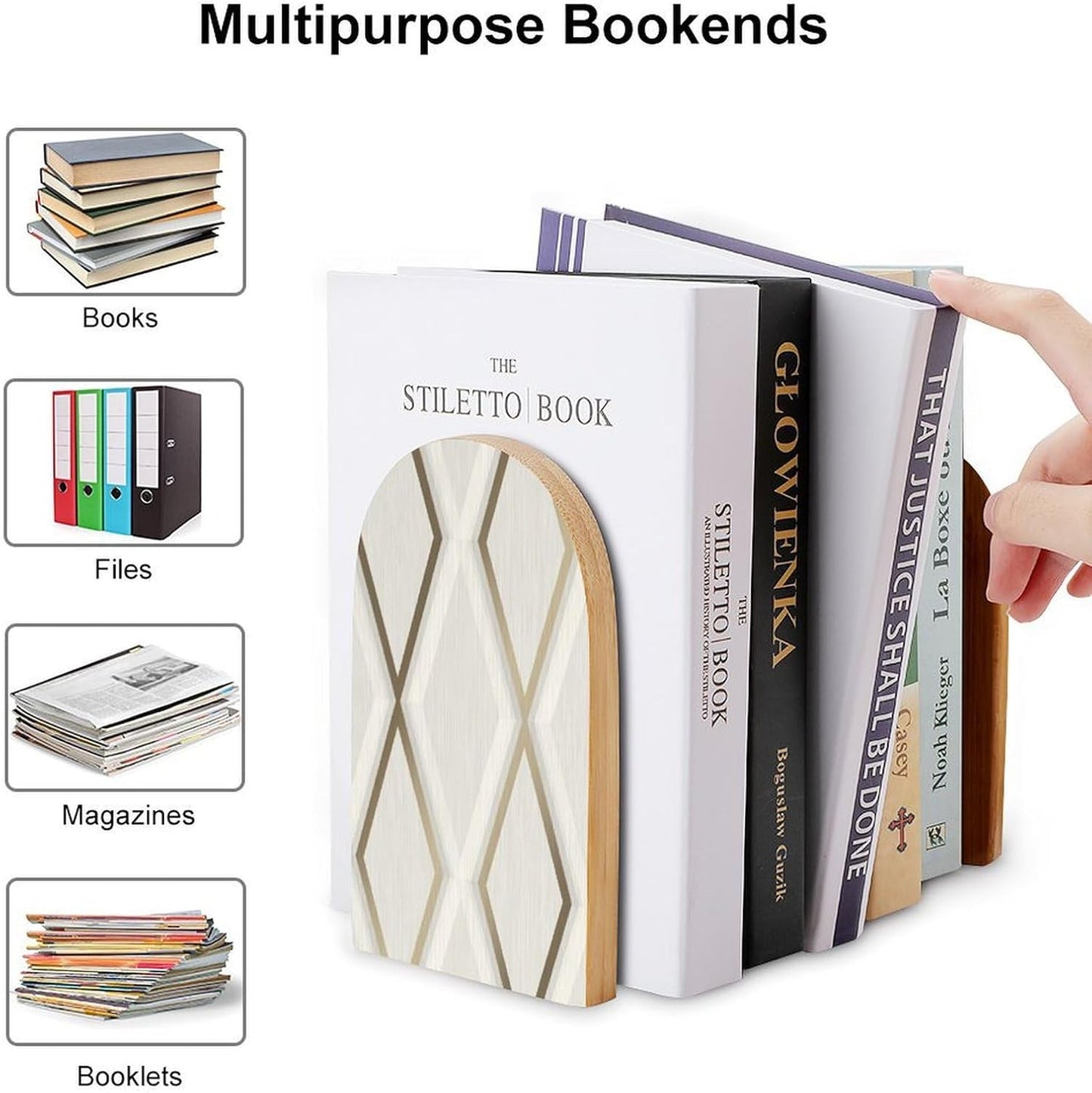 Profile Geometric Ivory Gold Wooden Bookend Non-Slip Book Ends Heavy Duty Book Stopper with Metal Base Books Holderd Decorative Bookends Stands Firmly for Office Supplies