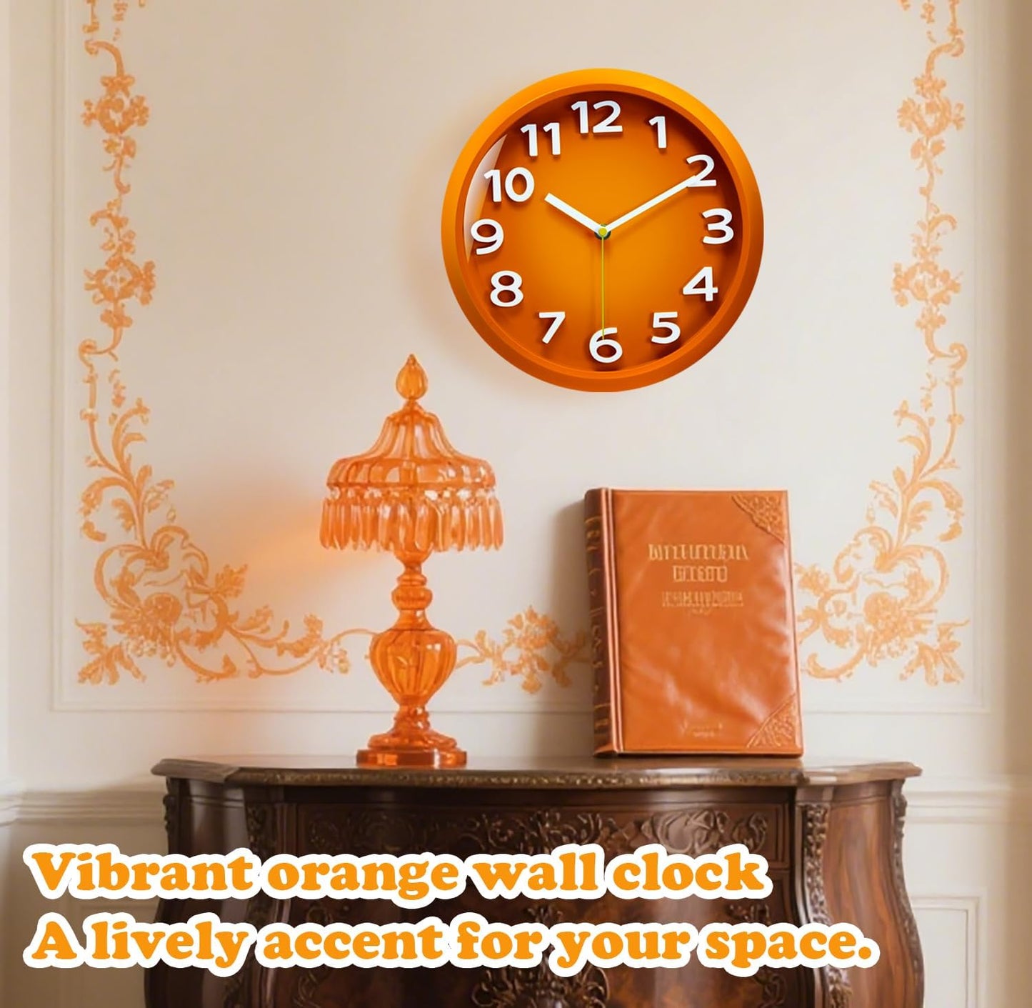 Wall Clocks Battery Operated - 11 Inch Silent Non Ticking 3D Numbers Easy Read Analog Clock with 2 Hooks Premium HD Glass Clocks for Living Room Bedroom Kitchen Gym Outdoor Decor, Orange