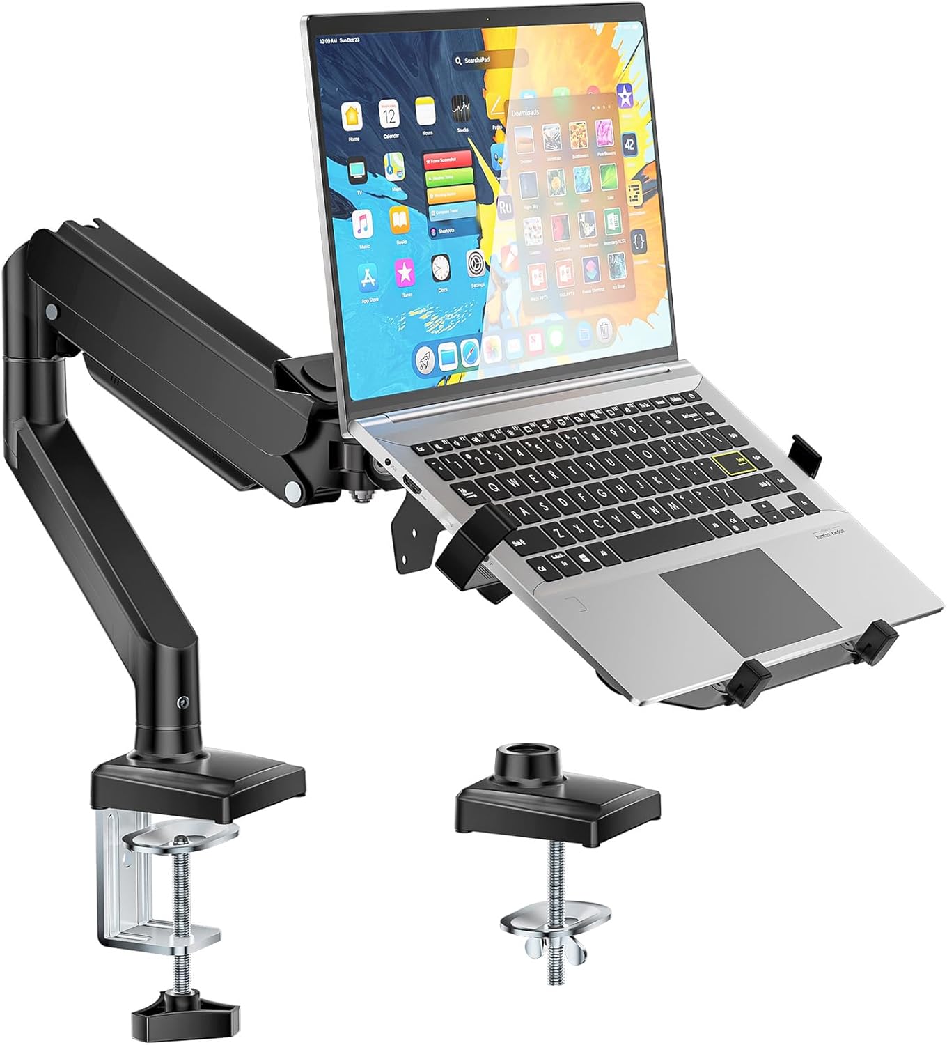WALI Single Arm Laptop and Monitor Desk Mount for 17" Notebook and Single Screen, 2-in-1 Adjustable Gas Spring Monitor Arm with Laptop Tray, VESA 75x75 100x100,Holds 22-26.4 lbs, Black (GSMP001NLP)