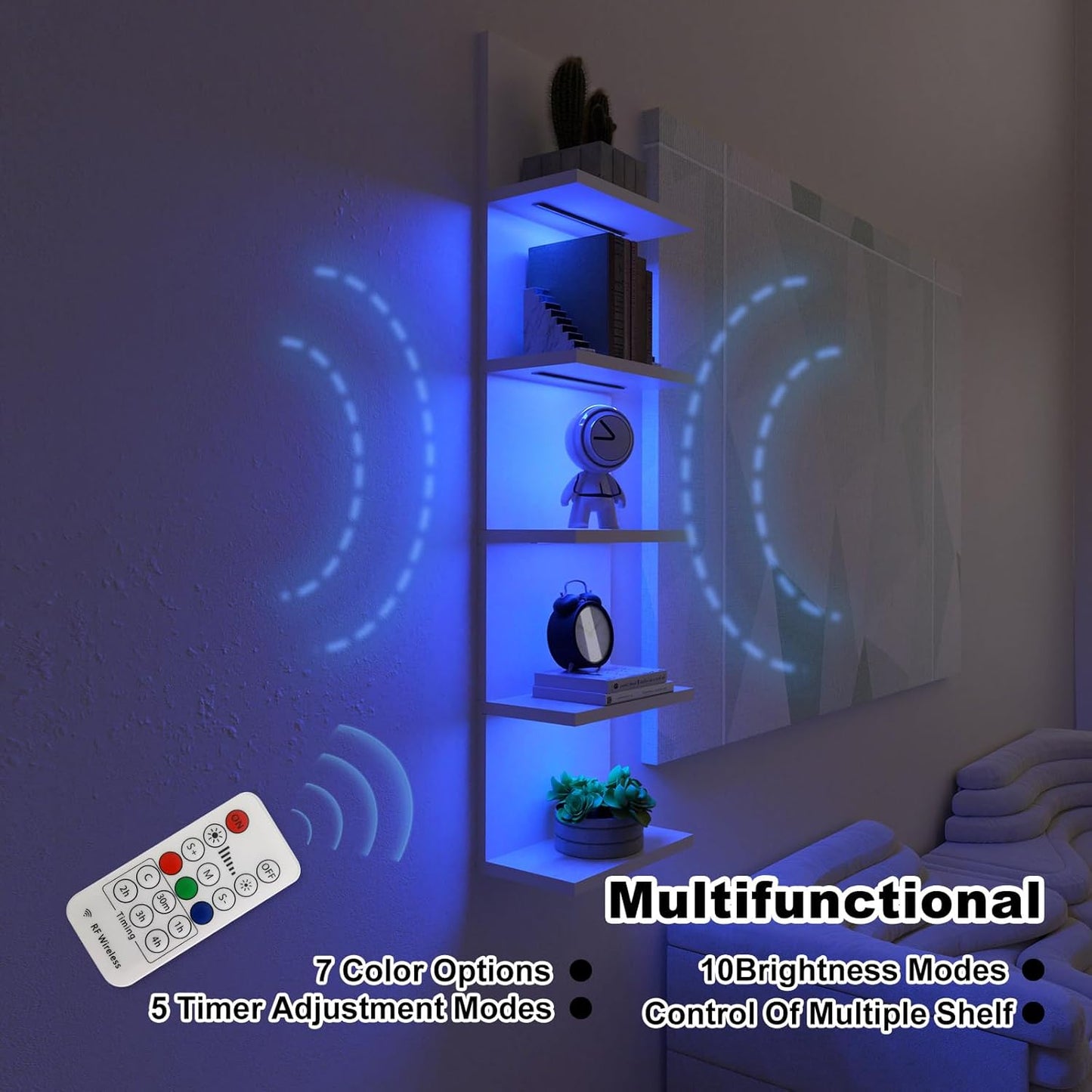 5-Tier Wall Shelf Unit with RGB Light, Floating Lack Shelf for Wall Storage, Wall Mounted Vertical Display Shelf for Bedroom Living Room Vanity, White
