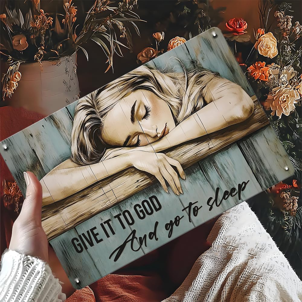 Seeyoo Metal Tin Sign Wall Art - 'Give It to God and Go to Sleep' - Vintage Rustic Metal Sign 7.8 x 11.8 Inch, Christian Home Decor for Bedroom, Living Room, or Gift for Faith Lovers