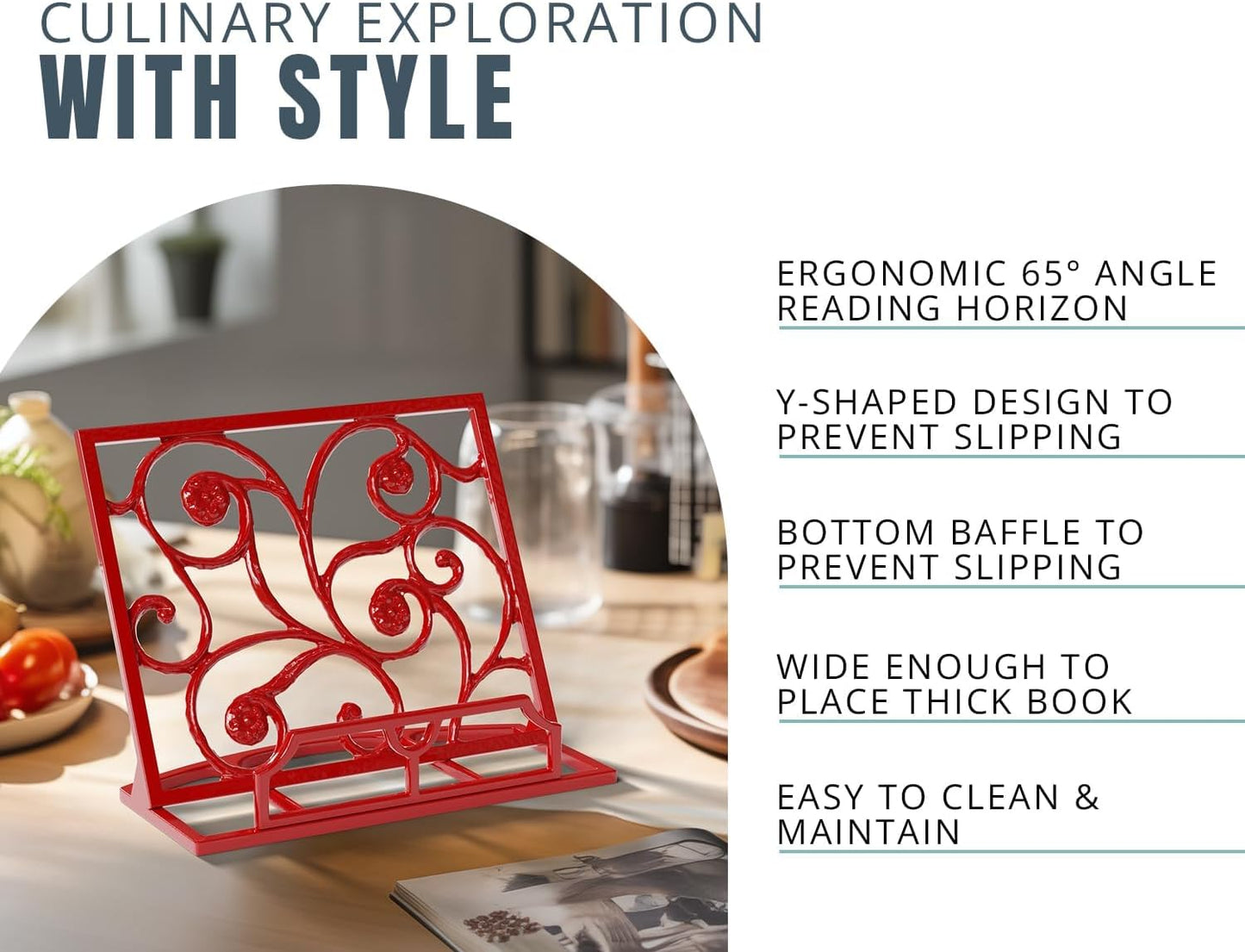Comfify Decorative Ornament Cast Iron Cook Book Stand - Elegant Cookbook Holder for Kitchen - Adjustable, Durable Decorative Metal Recipe Holder, Bookstand