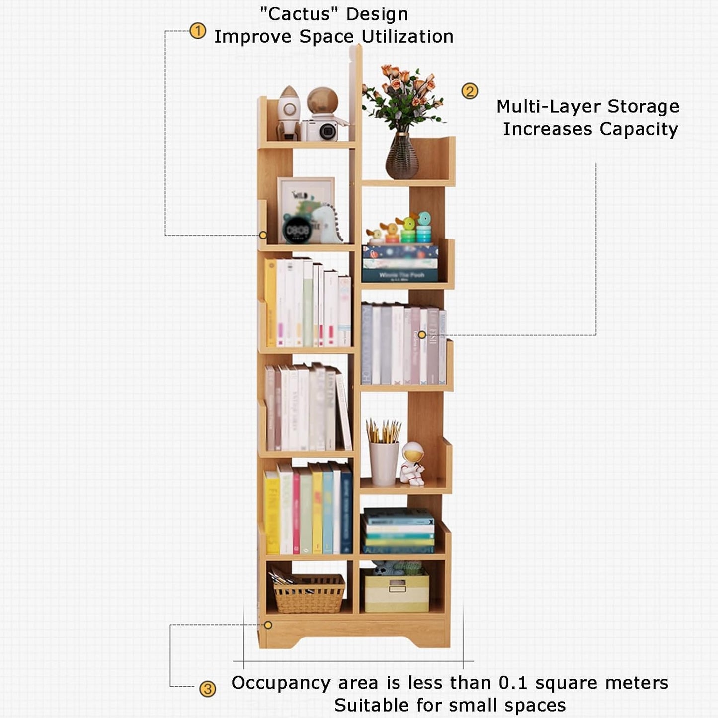 Tree-Shaped Bookshelf, Vertical Book Organizer with 7/9/11 Tiers, Space-Saving Bookcase for Living Room & Bedroom, Modern White Design (41x17x118cm)