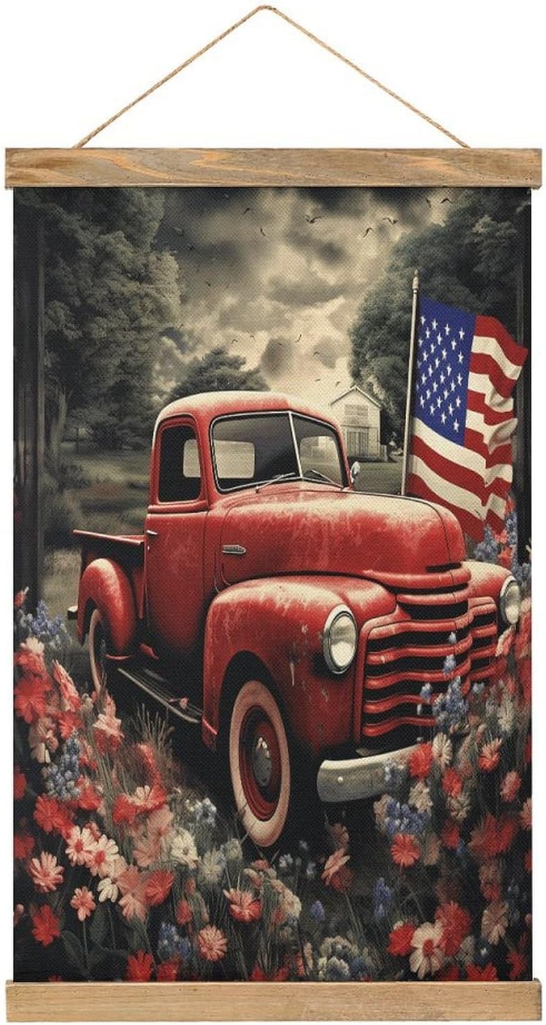 Vintage 4th Of July Patriotic Old Red Truck Poster with Wooden Frame Personalized Linen Hanging Scroll Painting Rustic Wall Hanging Illustrative Modern Artwork Decor for Home Living Room Bedroom Offic