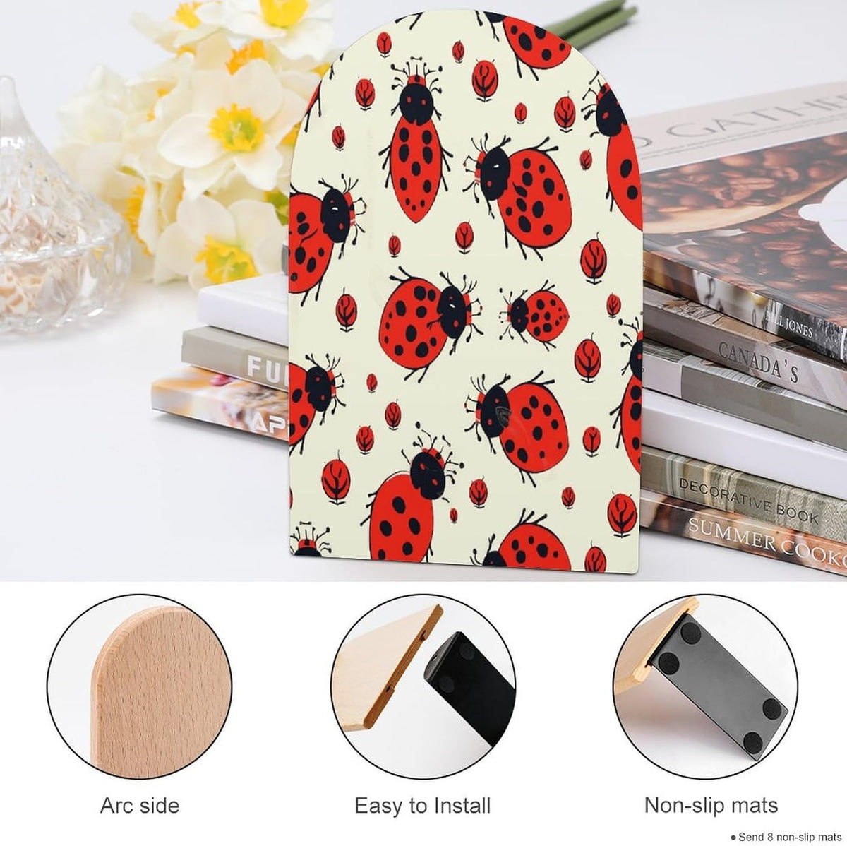 Red Ladybug Wooden Bookend Non-Slip Book Ends Heavy Duty Book Stopper with Metal Base Books Holderd Decorative Bookends Stands Firmly for Office Supplies