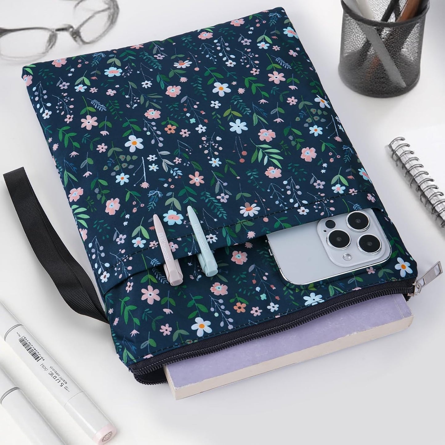 Floral Book Sleeve Pouch - Flower Pattern Paperback Books Cover Protector for Bookworm Waterproof Reader Accessories with Zipper Retro Bookish Gifts for Reading Lover Women Sister Friend