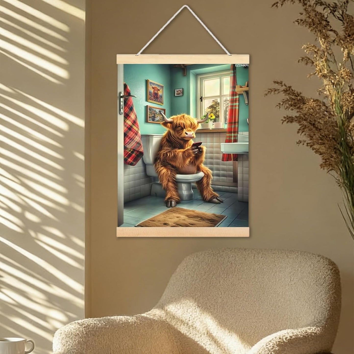 EZDNKPI Cow in Bathroom Reading Newspaper Funny Bathroom Poster Canvas Printing Picture Farmhouse Bathroom Wall Art Decoration 24x36inch Framed