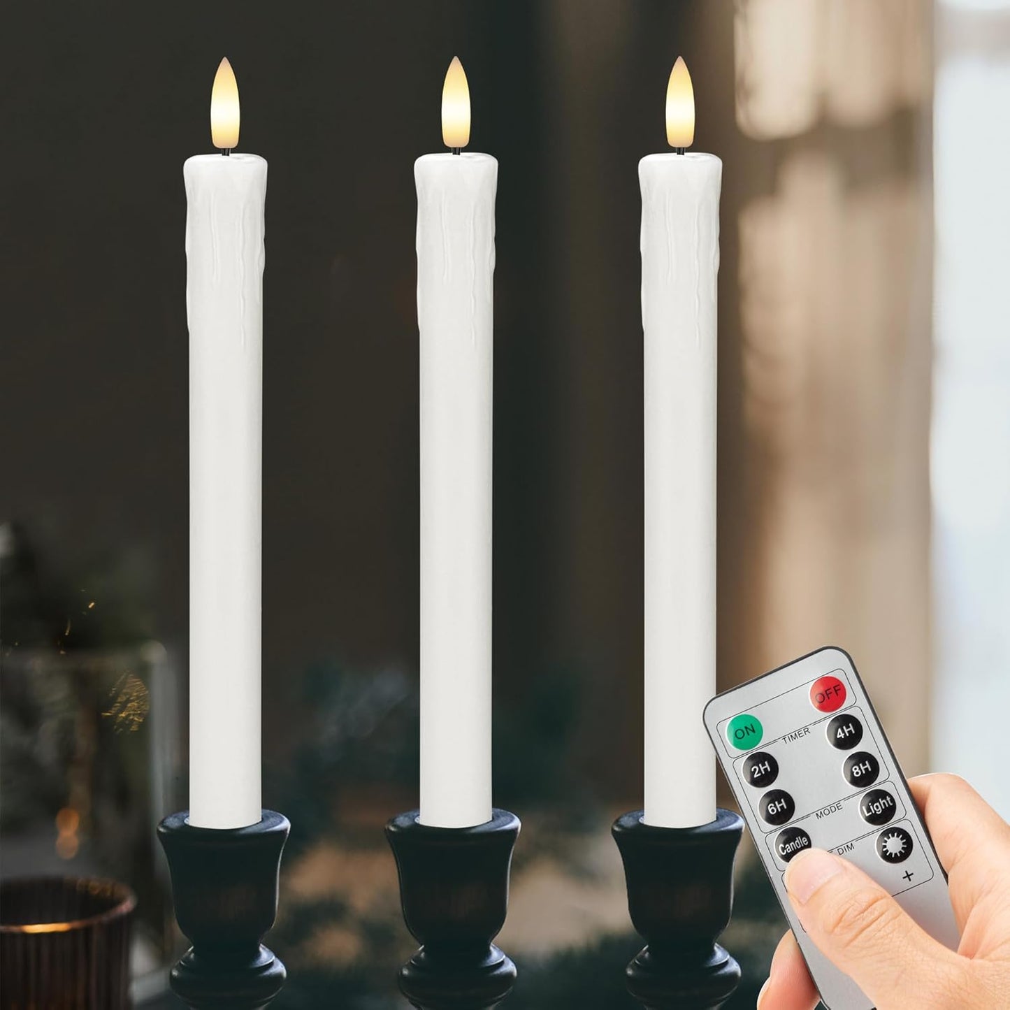Dripless Flameless Taper Candles with Rmote, 9.6" Real Wax Battery Operated Candles with 3D Wick, 3 Pack Led Candle Flickering Candlesticks for Home, Wedding, Party, White