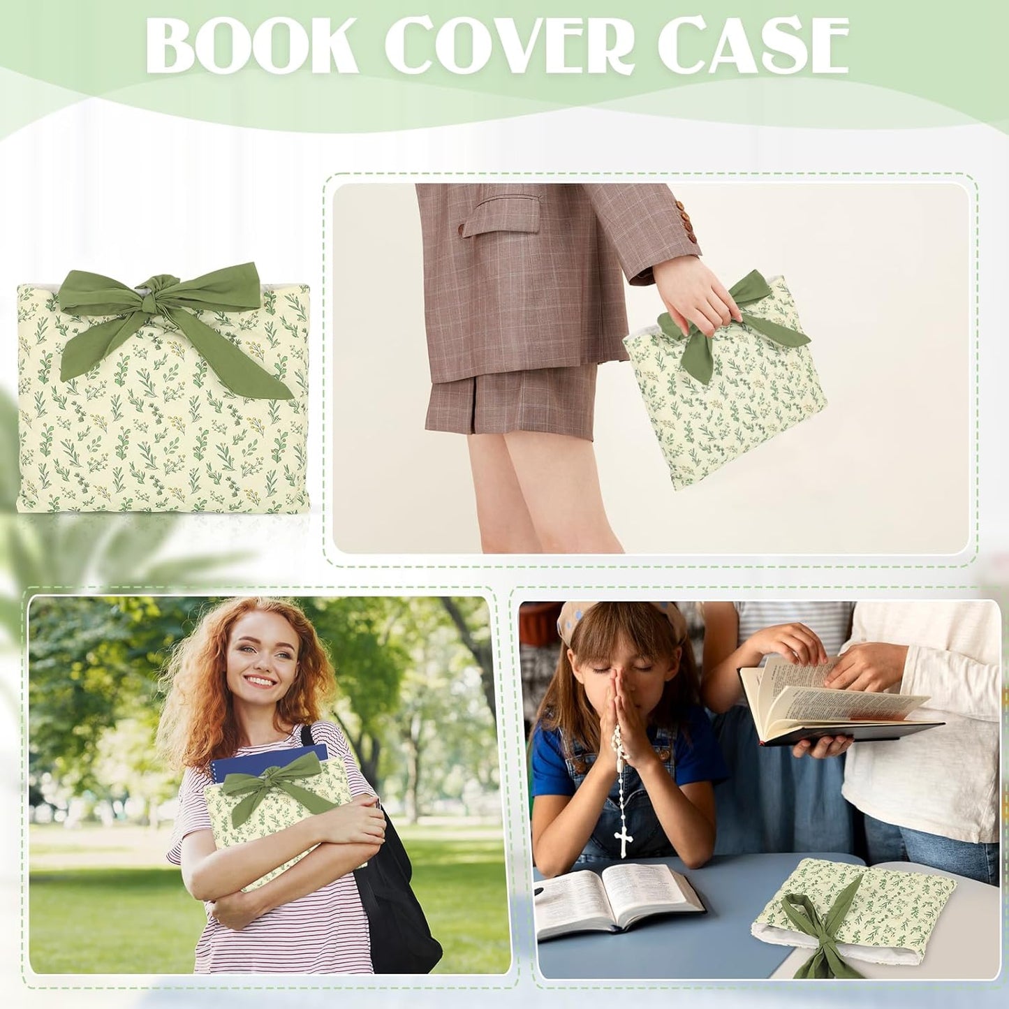 Quilted Bow Bible Sleeve Book Cover - Internal Storage Pocket, Flower Bible Sleeve Cover for Women, Washable for Paperbacks Pouch with Pockets, for Women Girls Book Lover Gifts