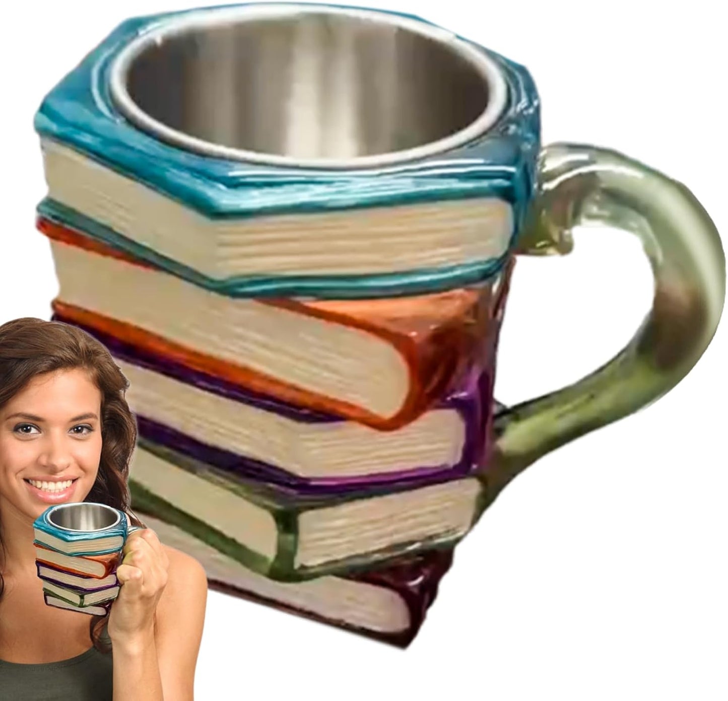 Book Mug - Painted Book Stack Cup for Readers | Novelty Resin Coffee Tea Drinking Container with Literature Inspired Design & Comfortable Handle for Home Use, Office Desk, Gift Giving