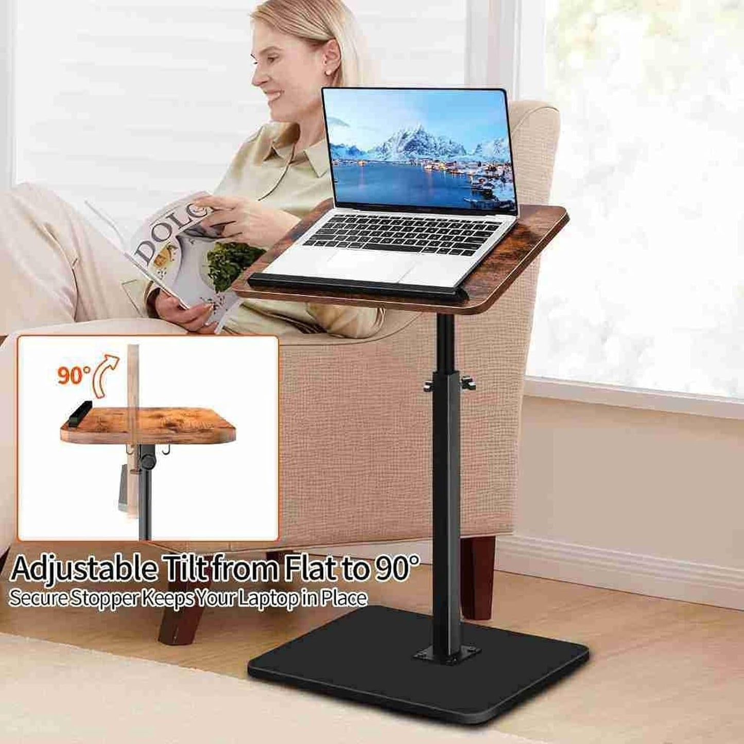 Adjustable C Table End Table, Height Adjustable 360° Swivel TV Tray Table for Small Spaces, Sofa Bedside Laptop Side Table That Slides Under Couch, Living Room & Bedroom (Natural Wood/White)