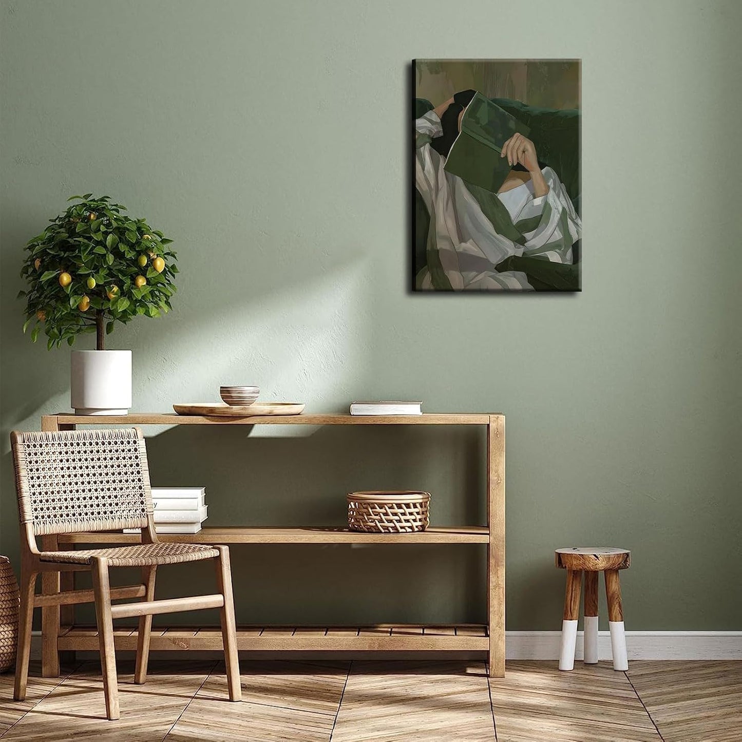 Emerald Green Reading Woman Canvas Wall Art Abstract Cozy People Wall Decor Pictures Minimalist Green Feminine Aesthetic Poster Print for Bedroom Living Room Home Decoration 16x24in