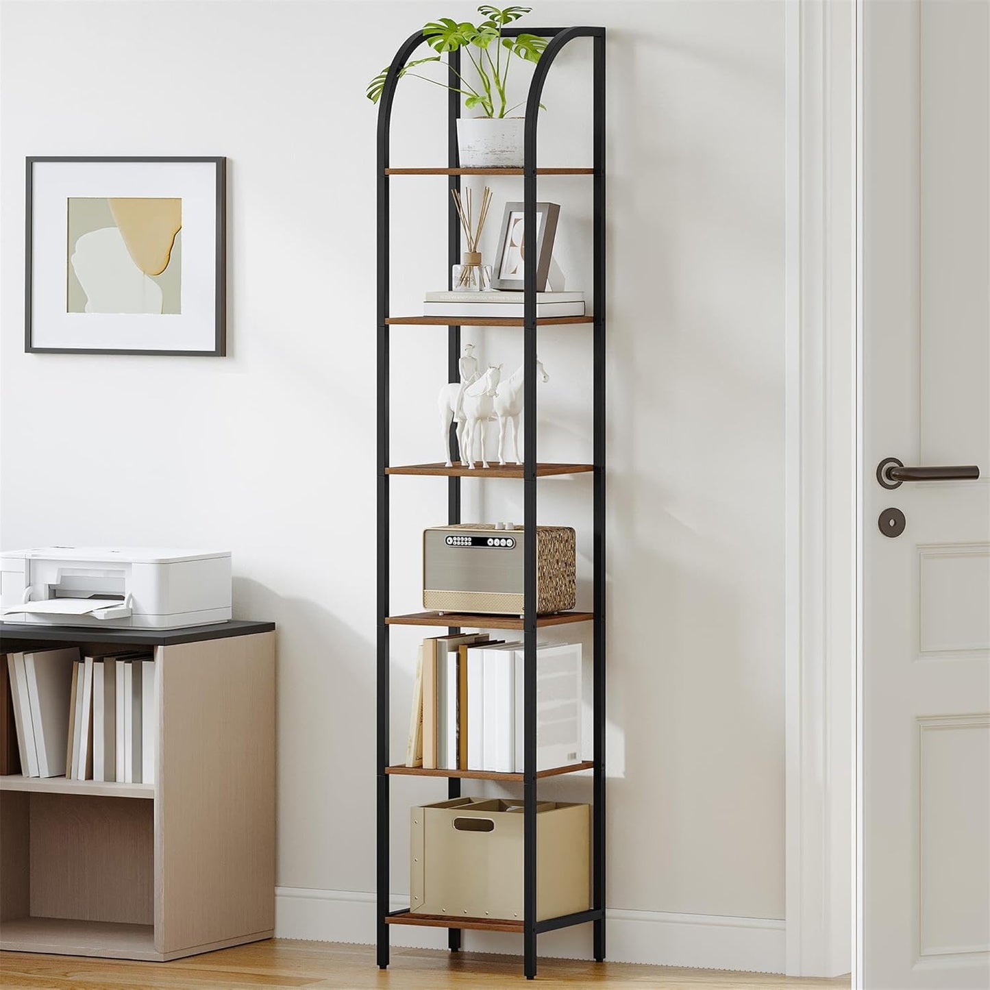 Bookshelf Narrow Bookcase, Tall Storage Rack with Steel Frame, Display Standing Shelf Unit, Skinny Book Shelf for Study Living Room Home Office, Industrial Style, 6-Tier Rustic Brown BC56001B
