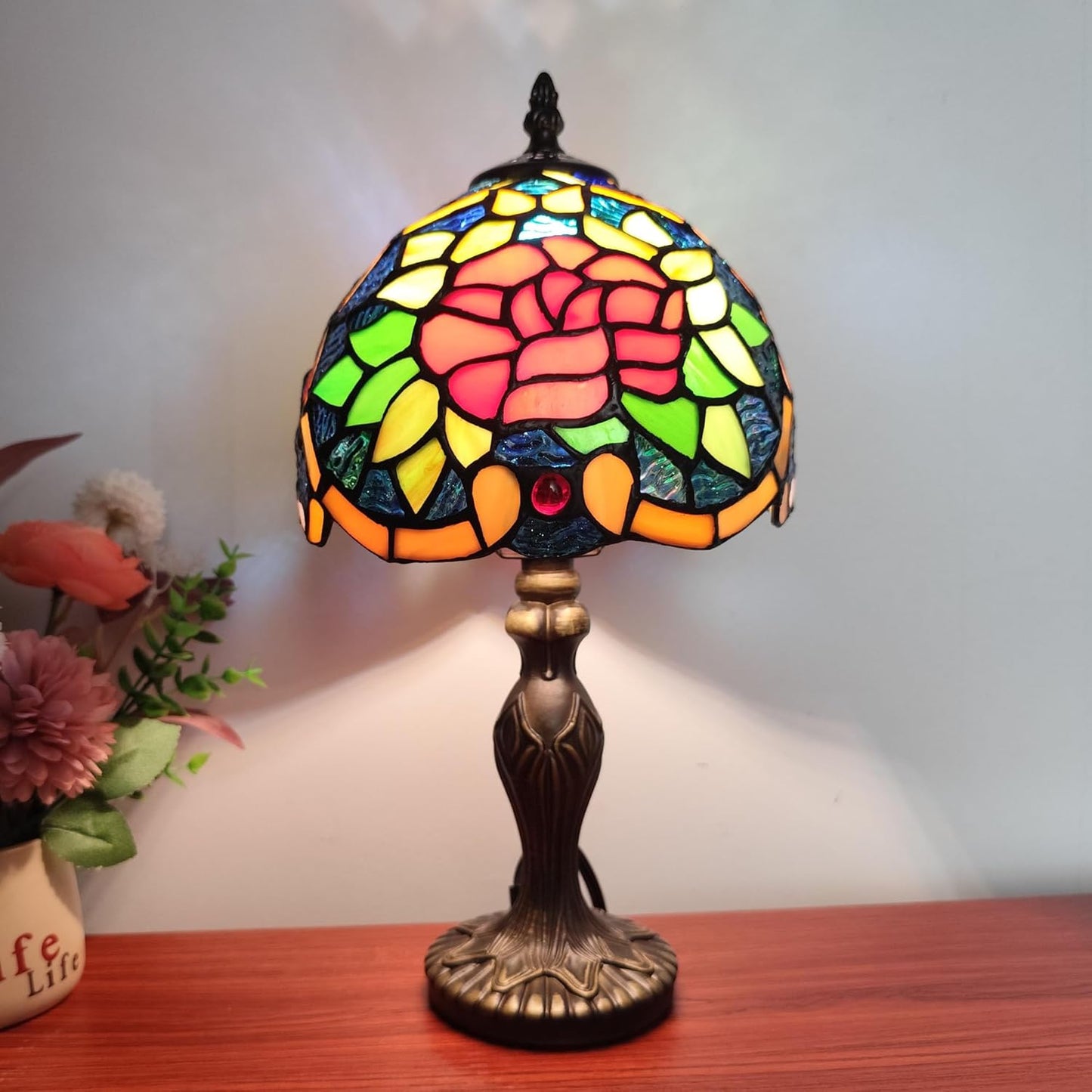 Tiffany Table Lamp Red Heart Rose Flower Stained Glass Lamp 3-Way Decorate Reading Light for Home Living Room Nightstand Bedroom Office Include Light Bulb